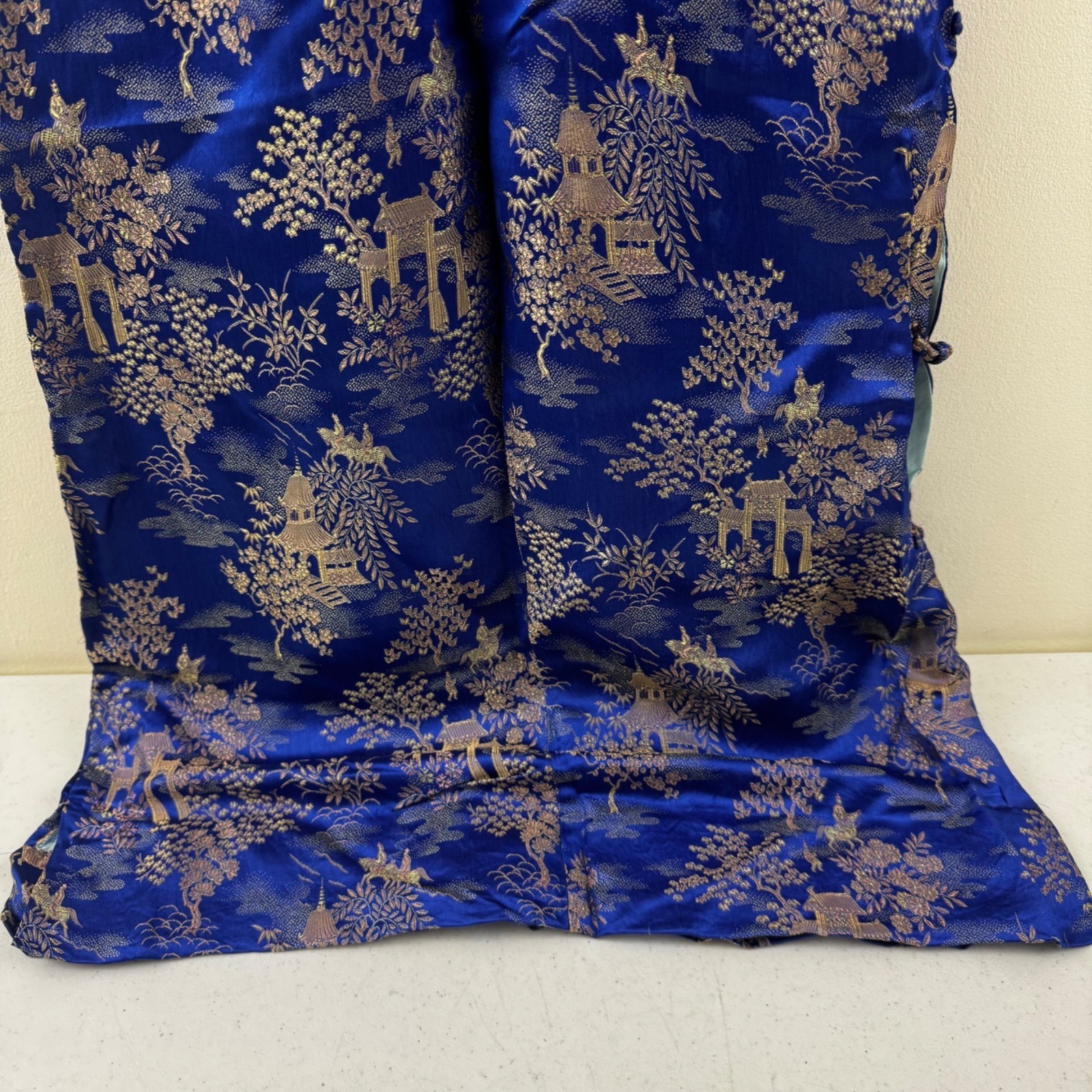 Vintage Blue & Gold Asian Brocade Cheongsam Dress With High Collar & Side Button