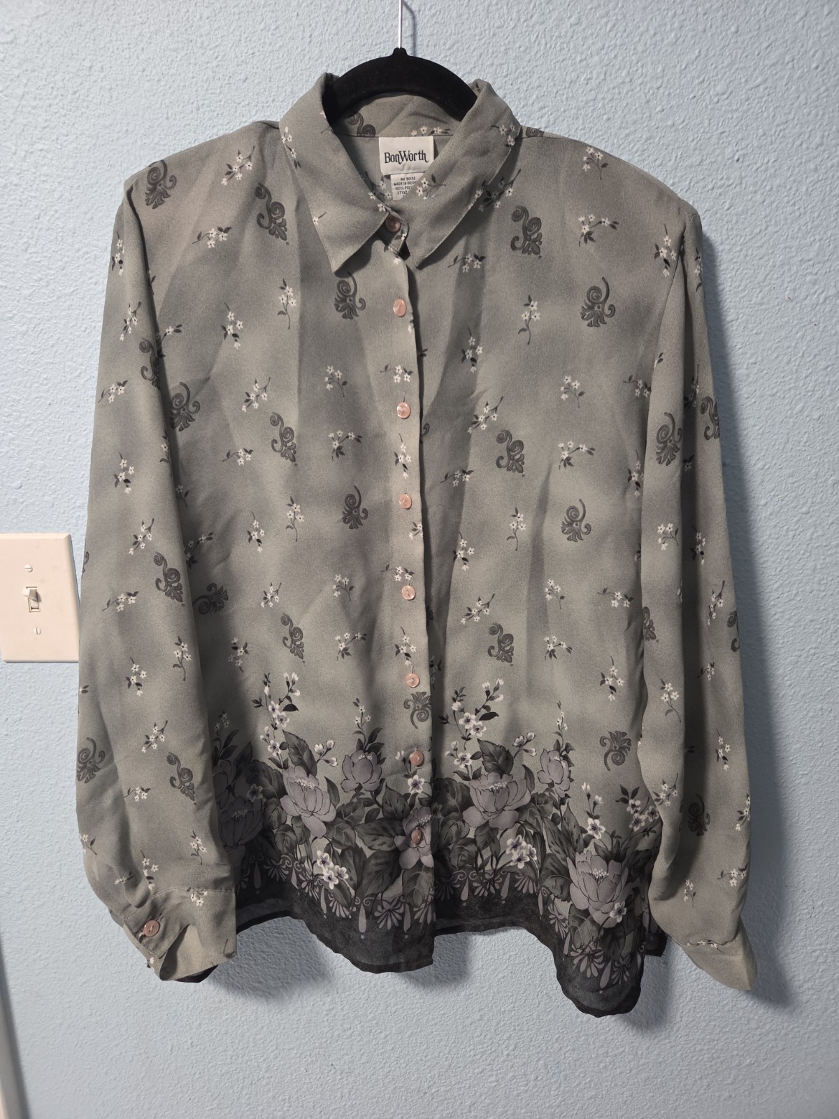 Vintage BonWorth Women Size Large Gray Floral Border Print Long Sleeve Blouse