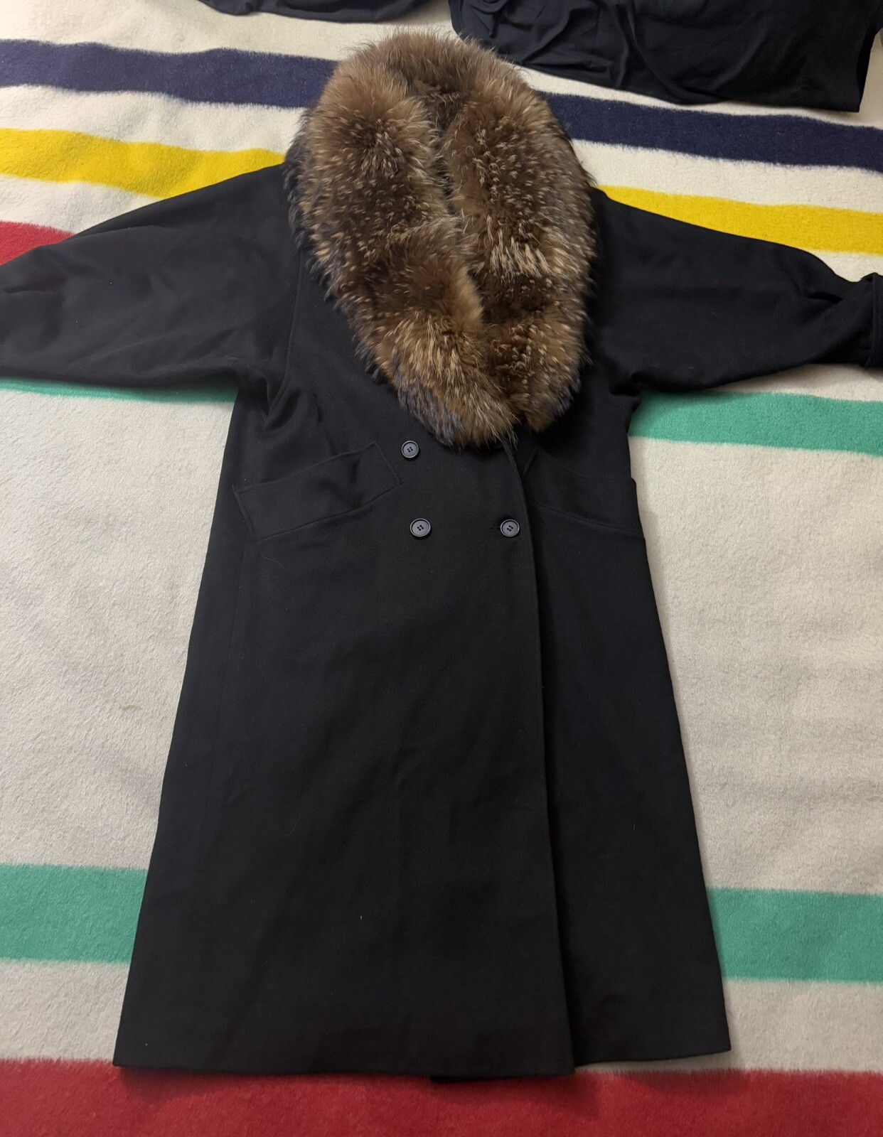 Vintage Gemini Black Full Length Wool Coat Jacket Finncoon Raccoon Fur Collar XL