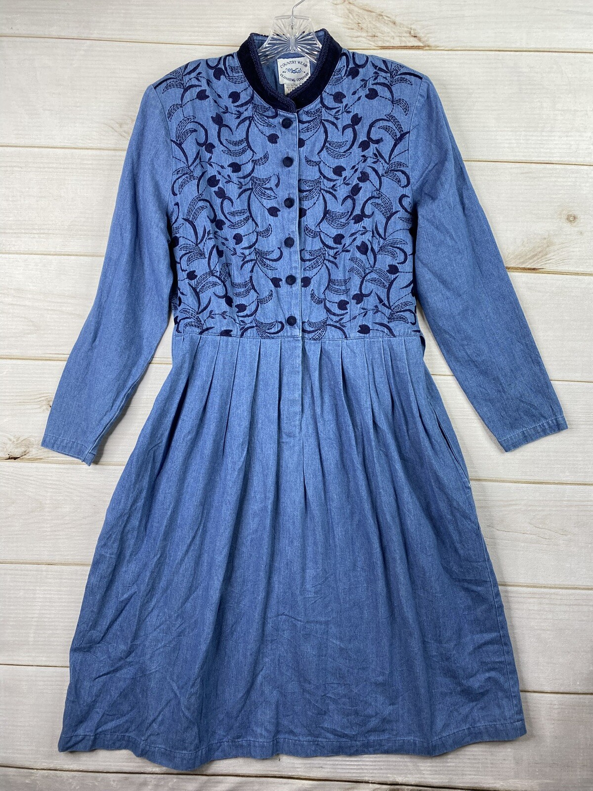 Vtg Country Wear Clothing Co Denim Dress Sz 12 Velvet Embroidered Cottagecore