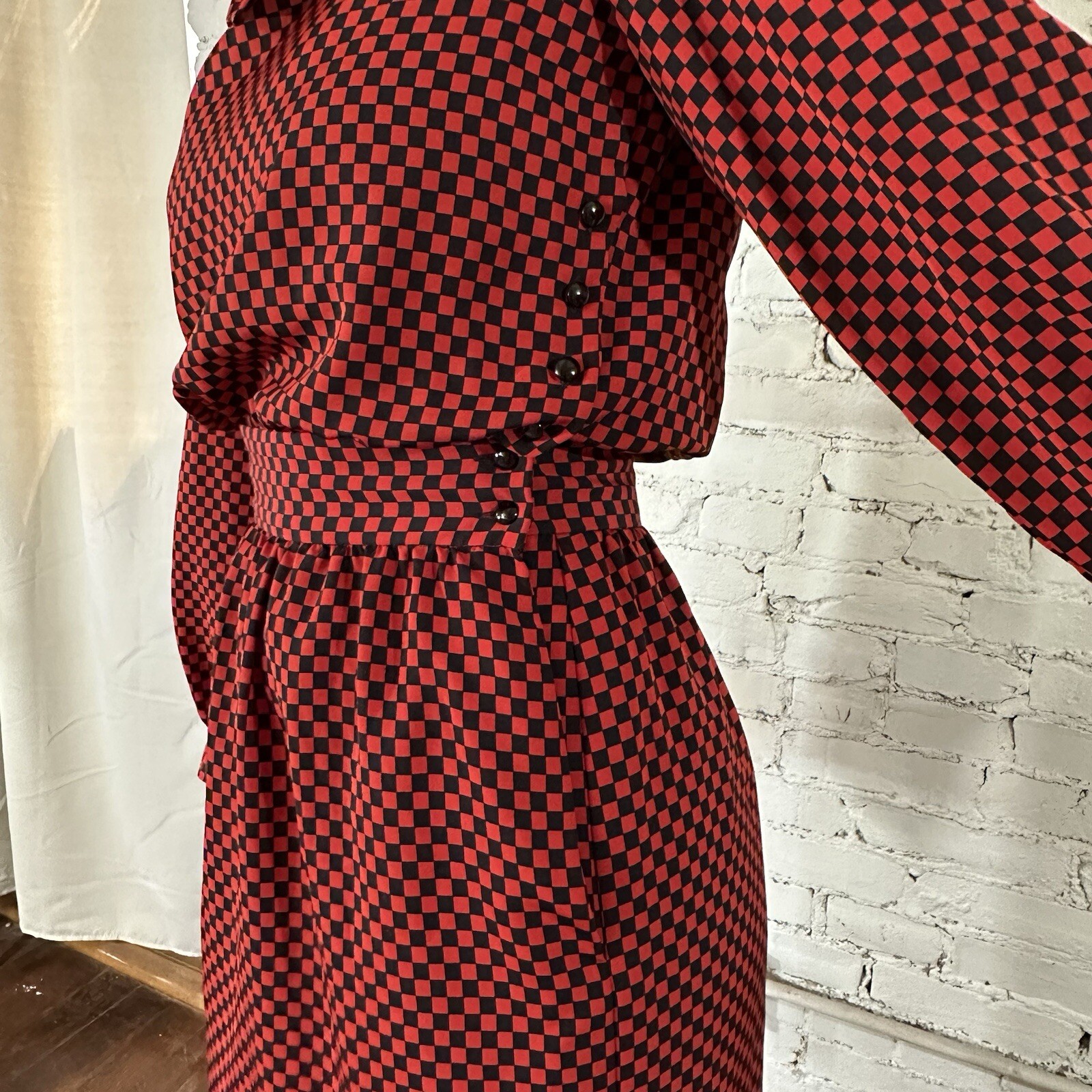 Vintage Albert Nipon Executive Dress 80’s Secretary Red Black Checkerboard S/M