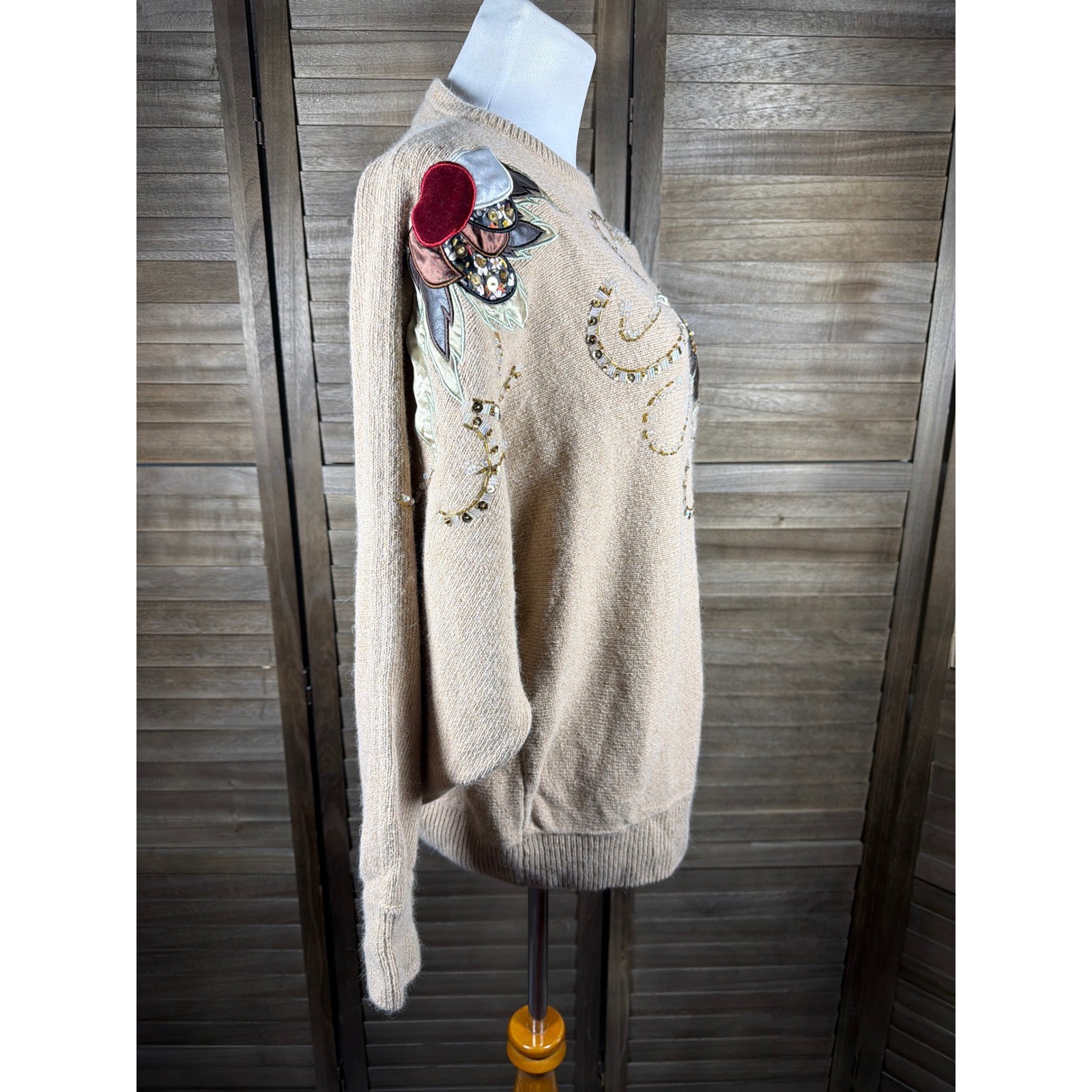 Maurada Vintage Silk Angora Bead Embellished Floral Sweater Tan Beige 3X 61009