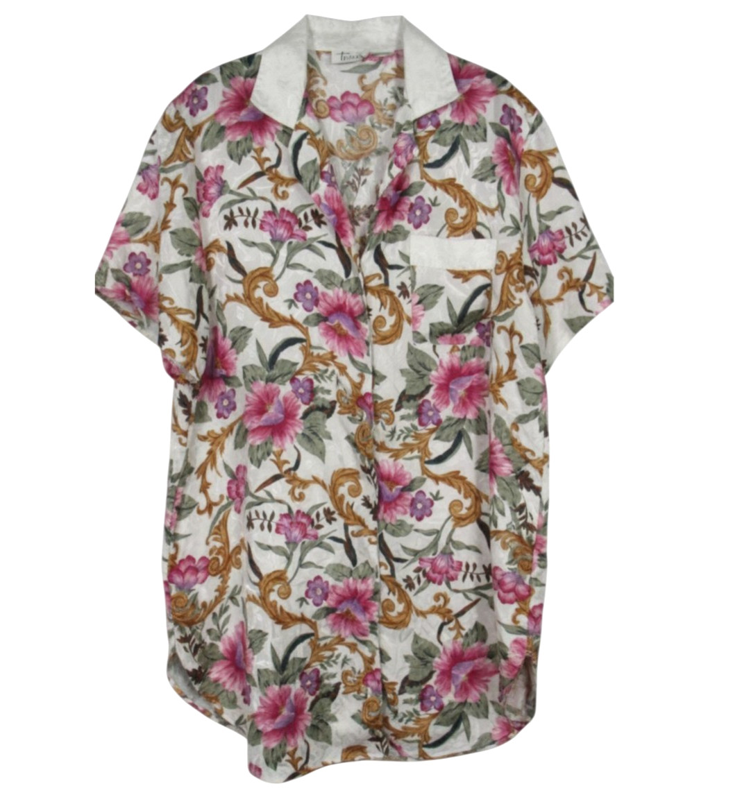 VTG TESORO White/Multi SATIN Floral BUTTON/TIE Lounge ROBE/NIGHTGOWN SET Sz XL