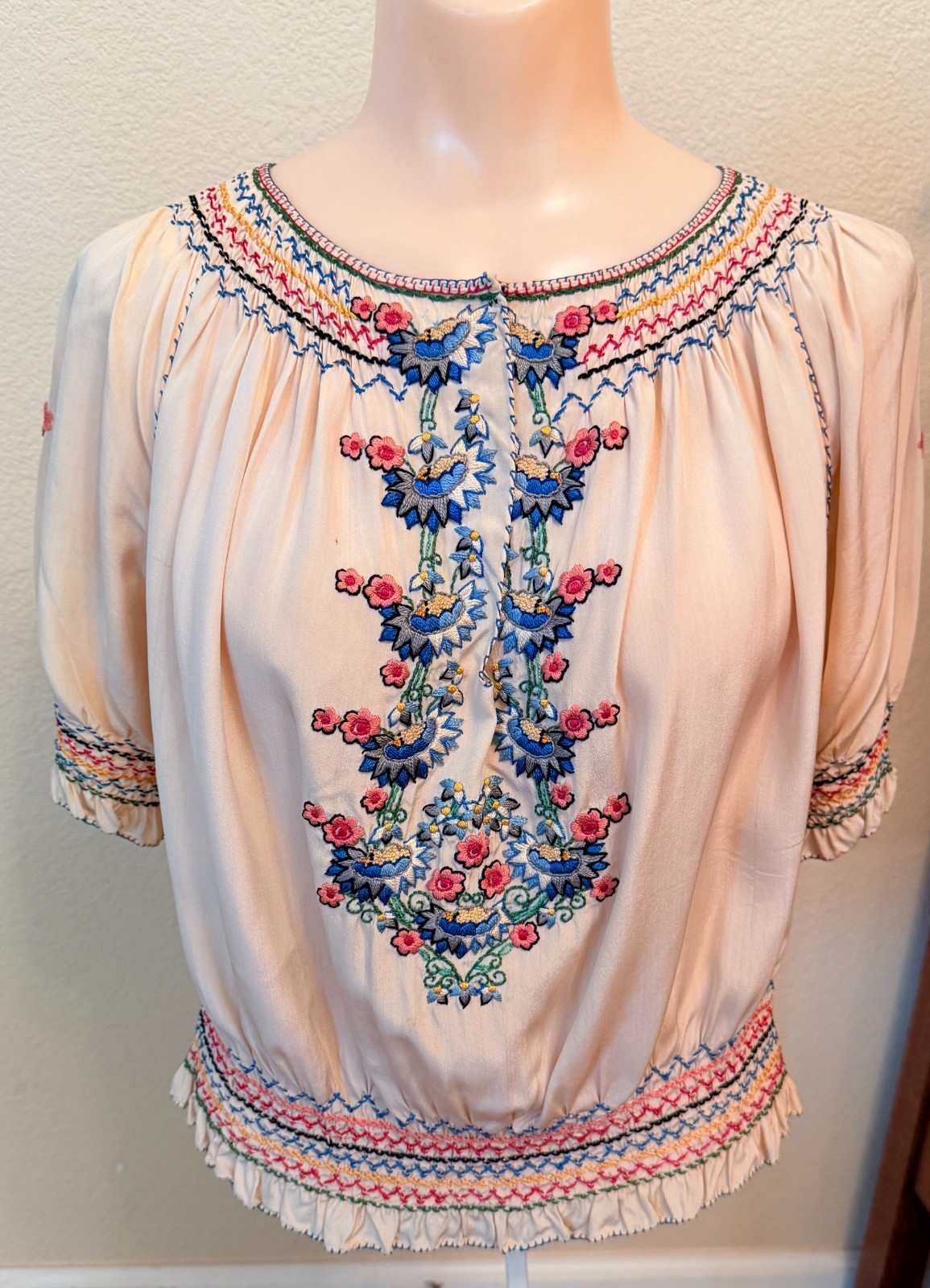 Vintage EXQUISITE SILK Hungarian Boho / Hippie Peasant Blouse Embroidered 1930s
