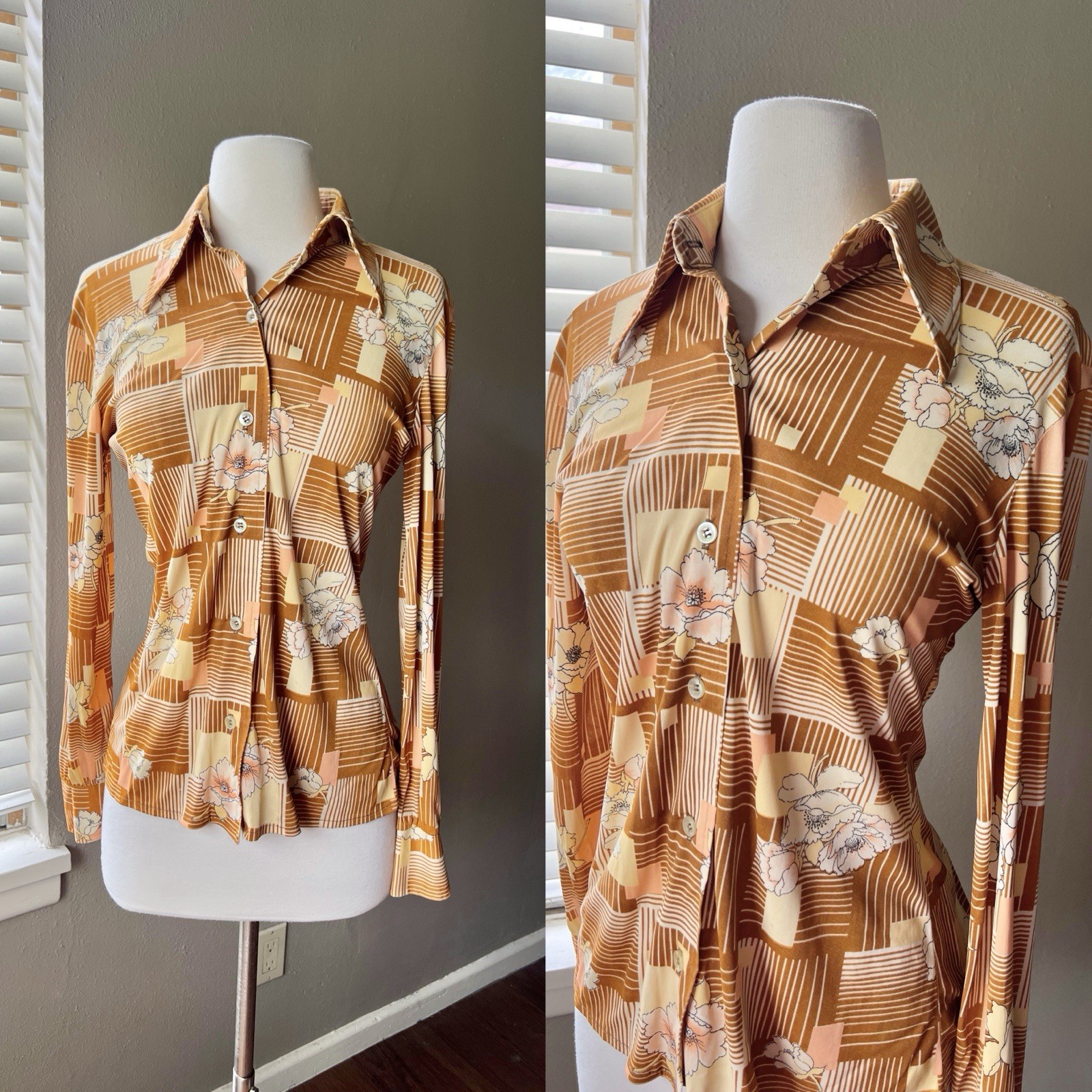 Vintage 60s 70s Shirt Womens Small Brown Orange Floral Sharp Collar Button Retro