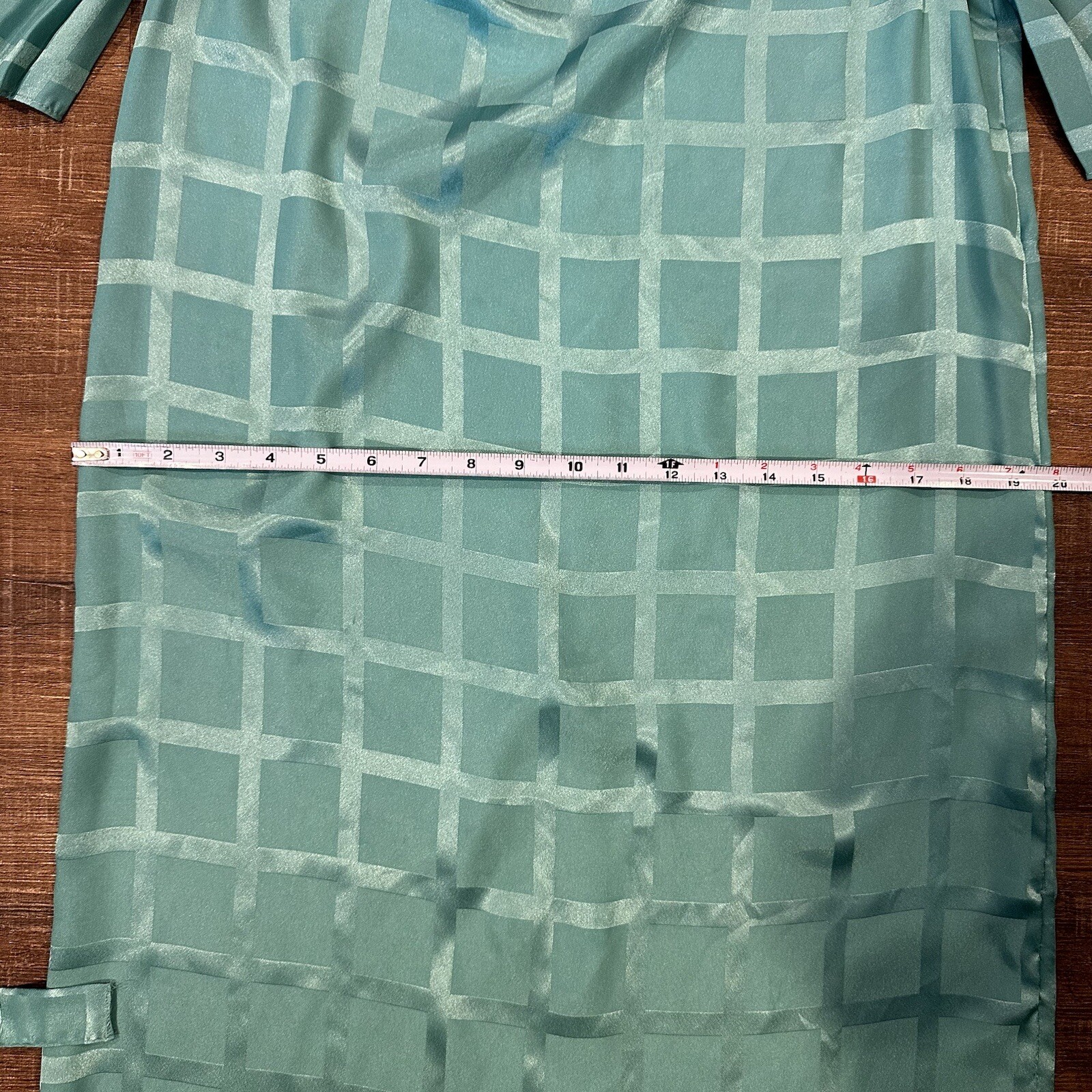Vintage Teal Blue Windowpane Satin Midi Dress Pleated Flutter Sleeve Belted M