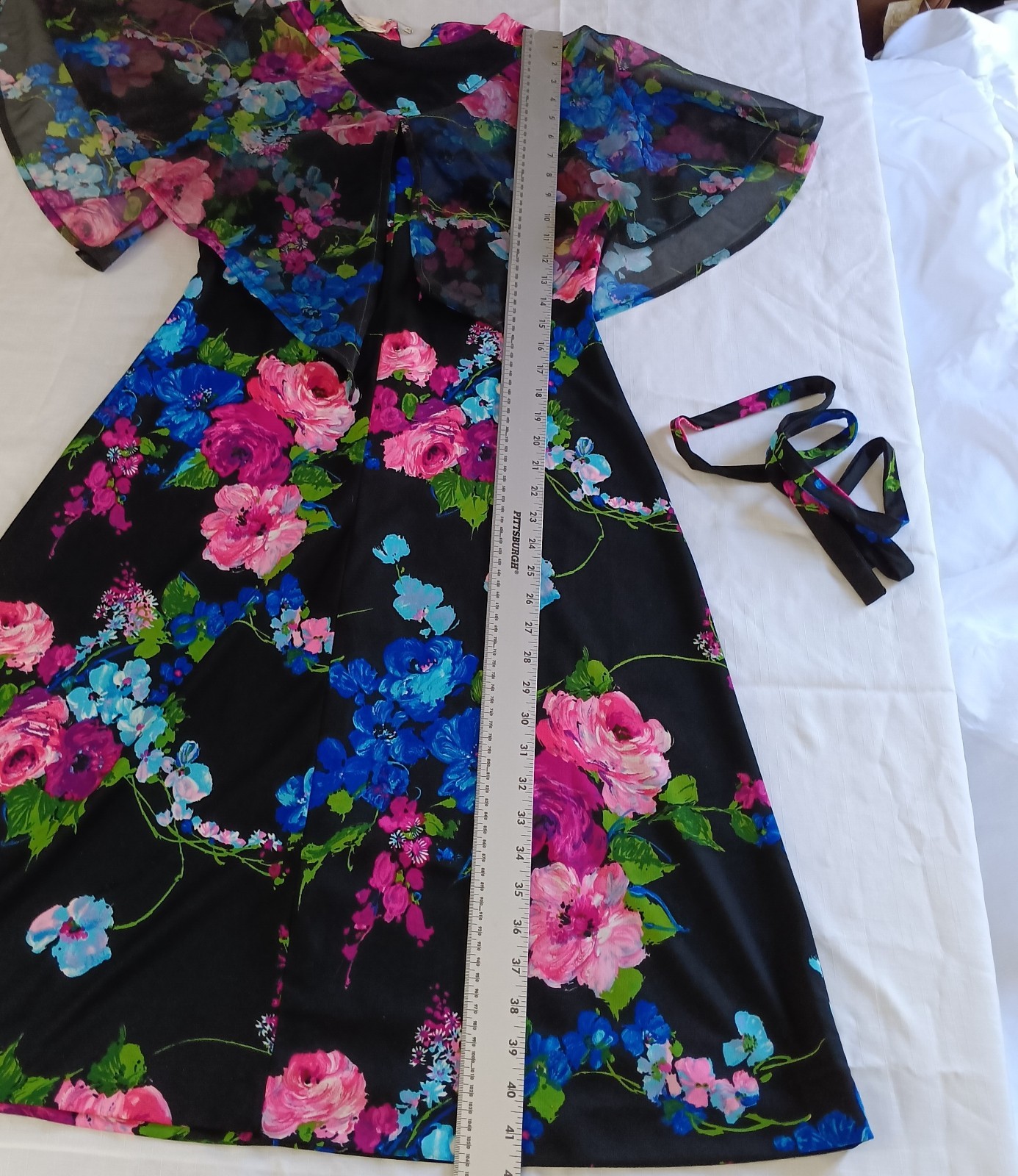Vintage Floral Cape Sleeve Secretary Dress Black Pink Blue Chiffon Belted Sheer