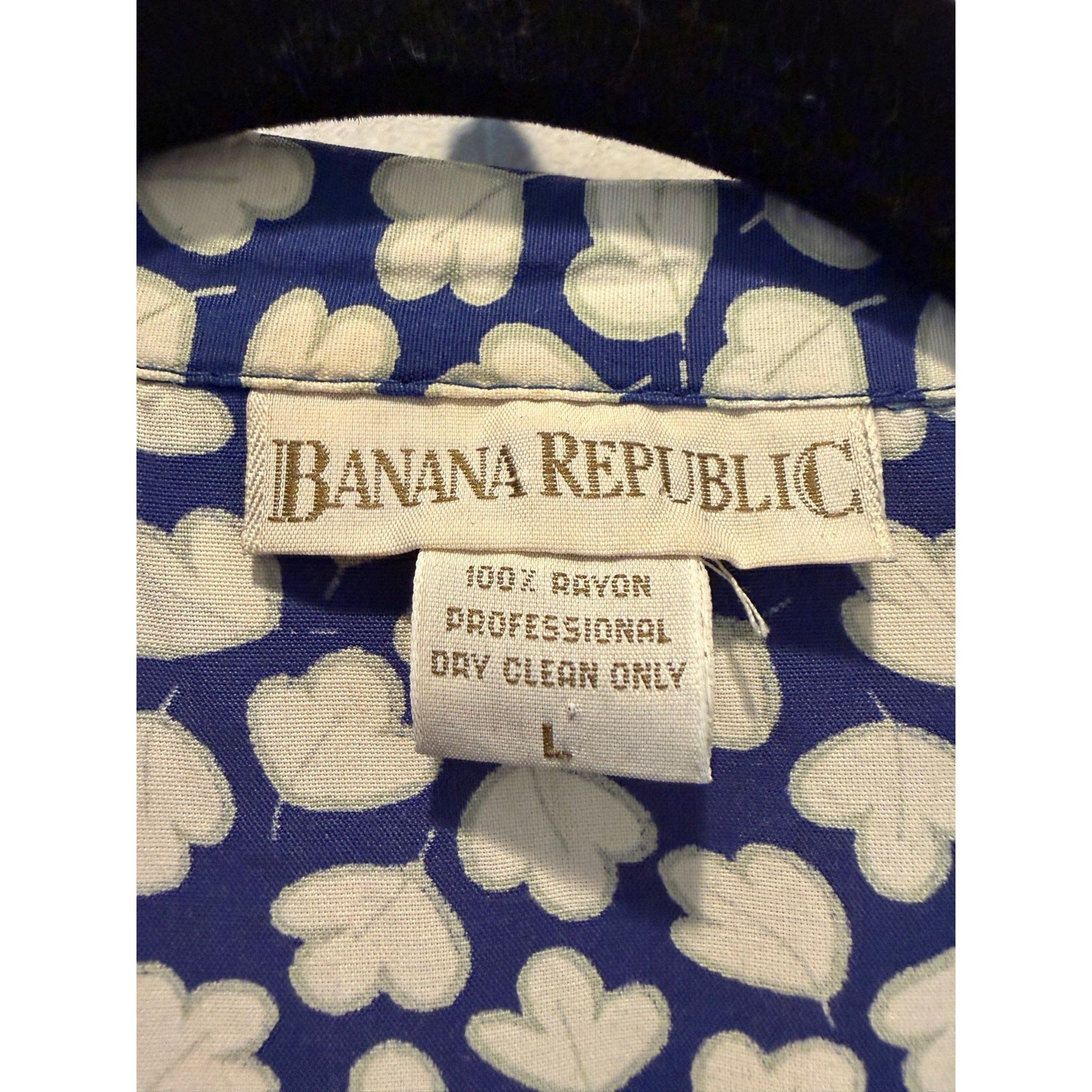 Vintage Banana Republic Blue White Clover Print Rayon Dress 90s Size L Fits M