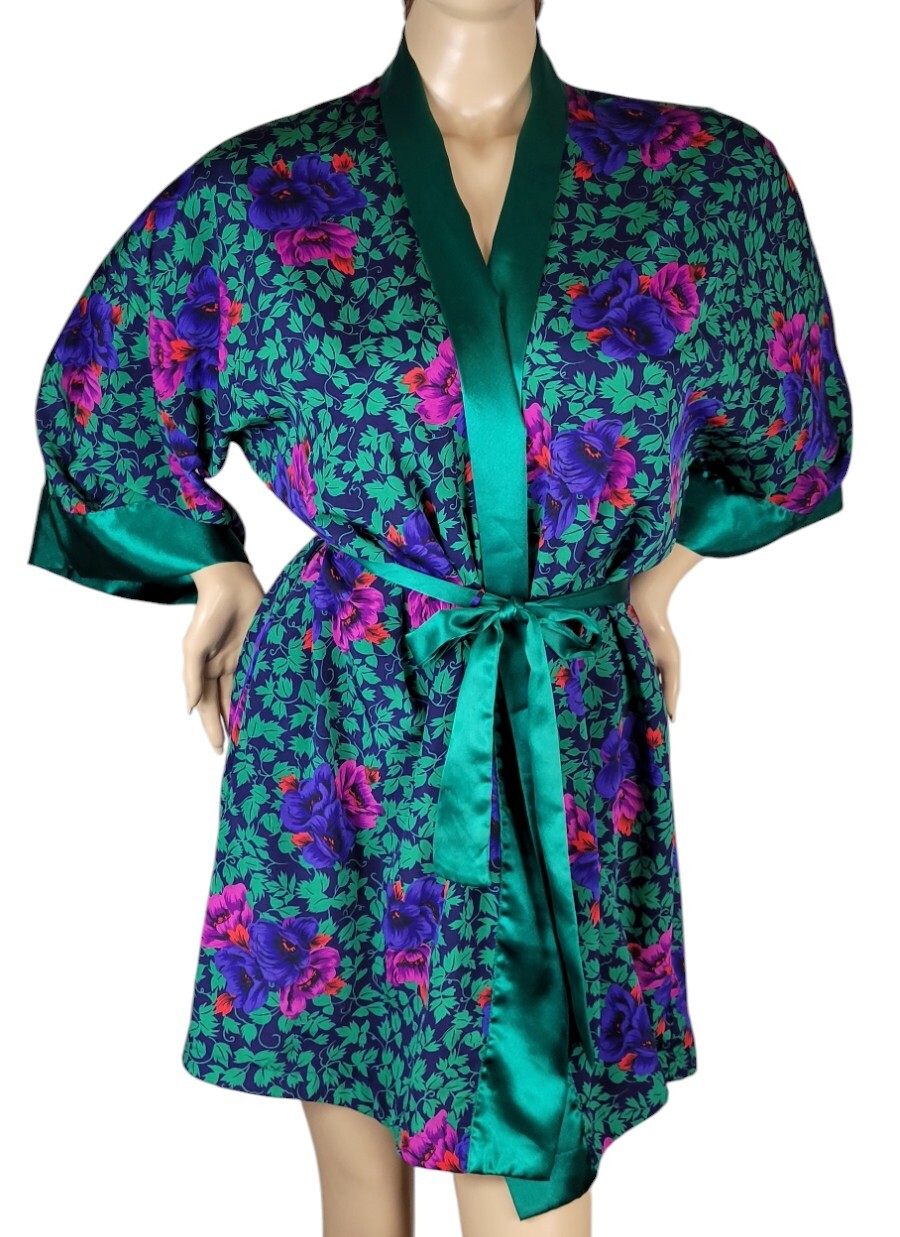 Vtg Victoria’s Secret Gold Label Poly Satin Green Purple Pink Red Floral Robe OS