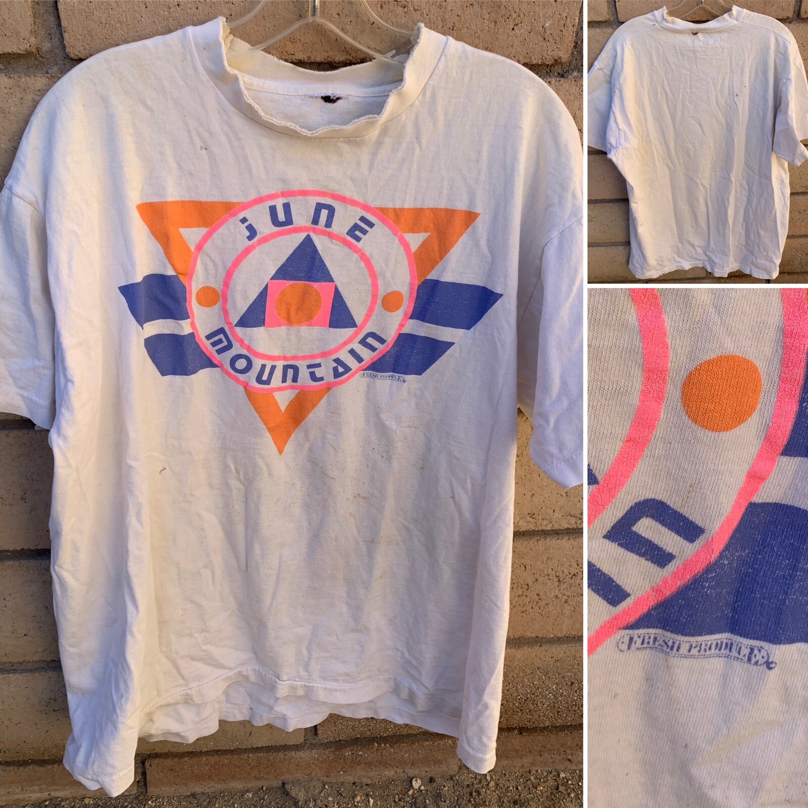 Vintage June Mountain T Shirt 80s Geomeric Neon Graphics Distressed Worn Holes