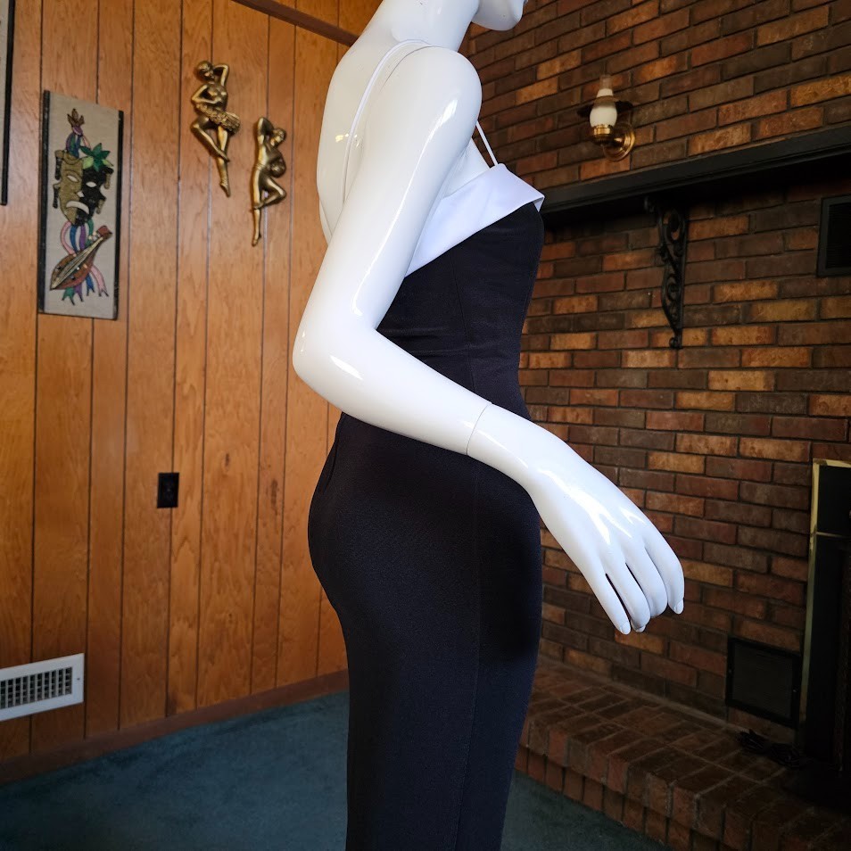 Vtg 90s Cache Tuxedo Plunging Evening Cocktail Party High Slit Wiggle Dress S/M