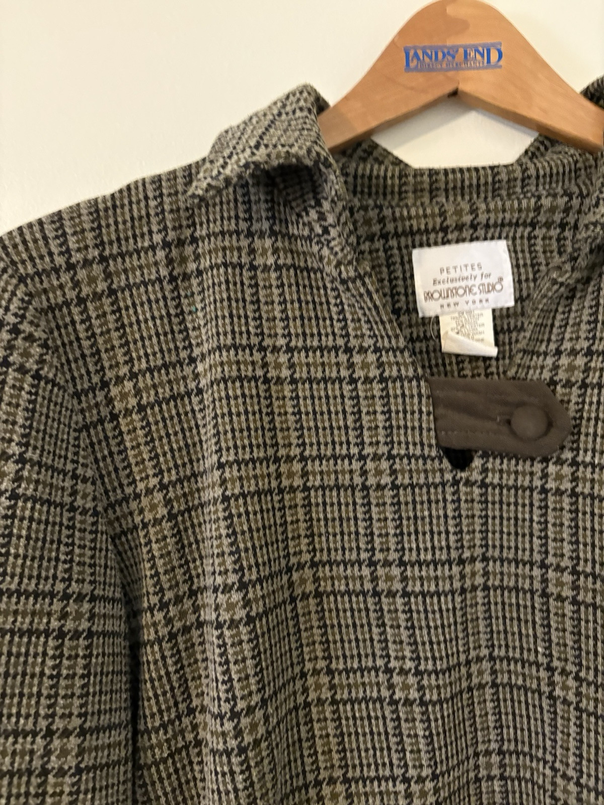 Vintage 1980s Brownstone Studio New York Collared Blouse Brown Plaid Petite S