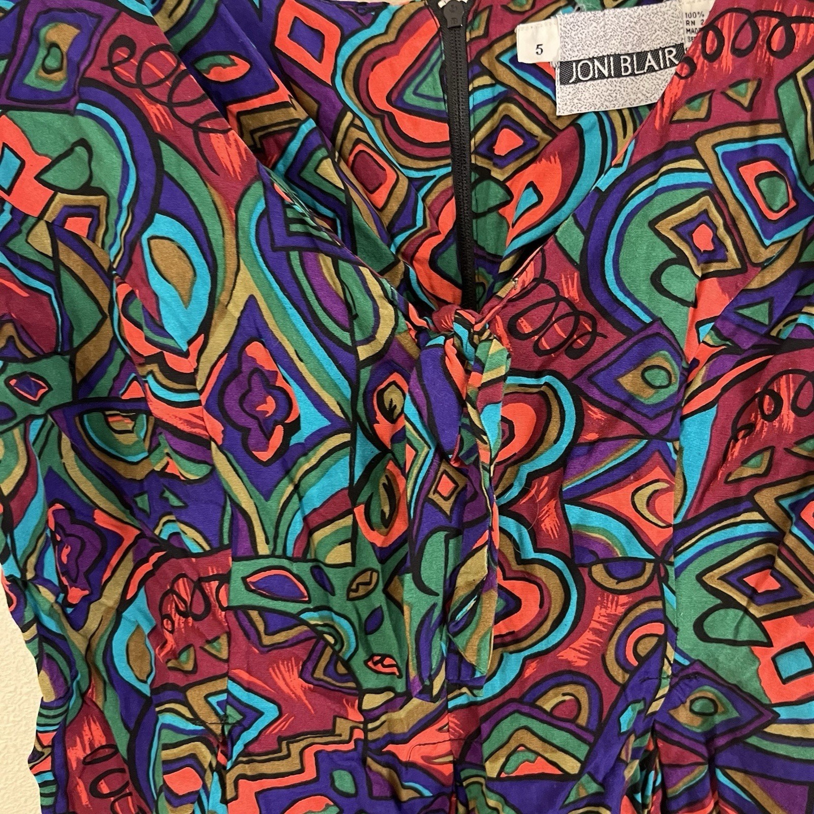 Vintage Joni Blair Vintage 80s Abstract Romper Women’s Size 5 Colorful Tie Front