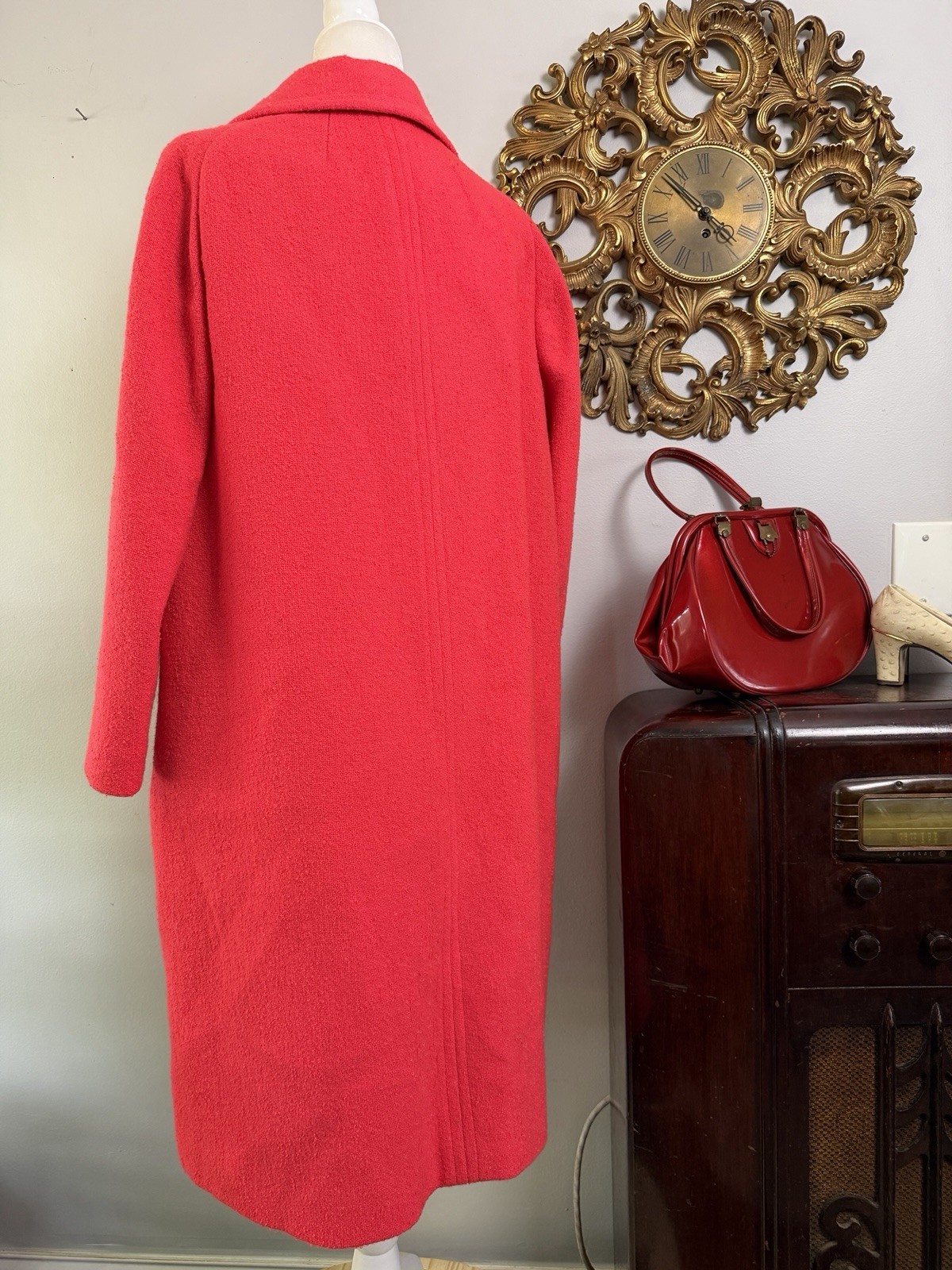 Vtg 1960s Bromleigh New York Wool Red Trench Coat Mod Mid Century Overcoat Flap