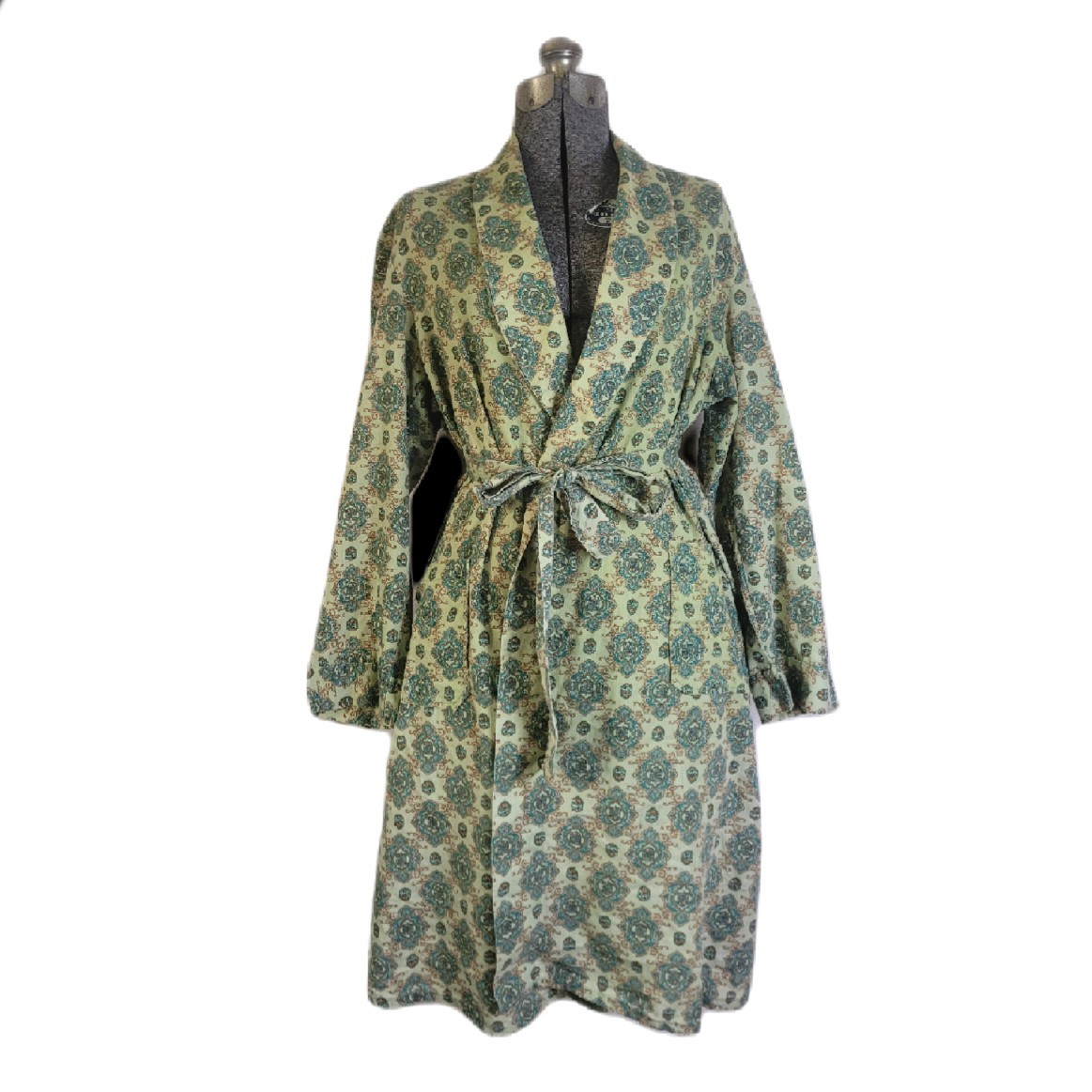 Vintage 50s 60s Green Robe Victorian Elegant Pattern Cotton Size M Unisex