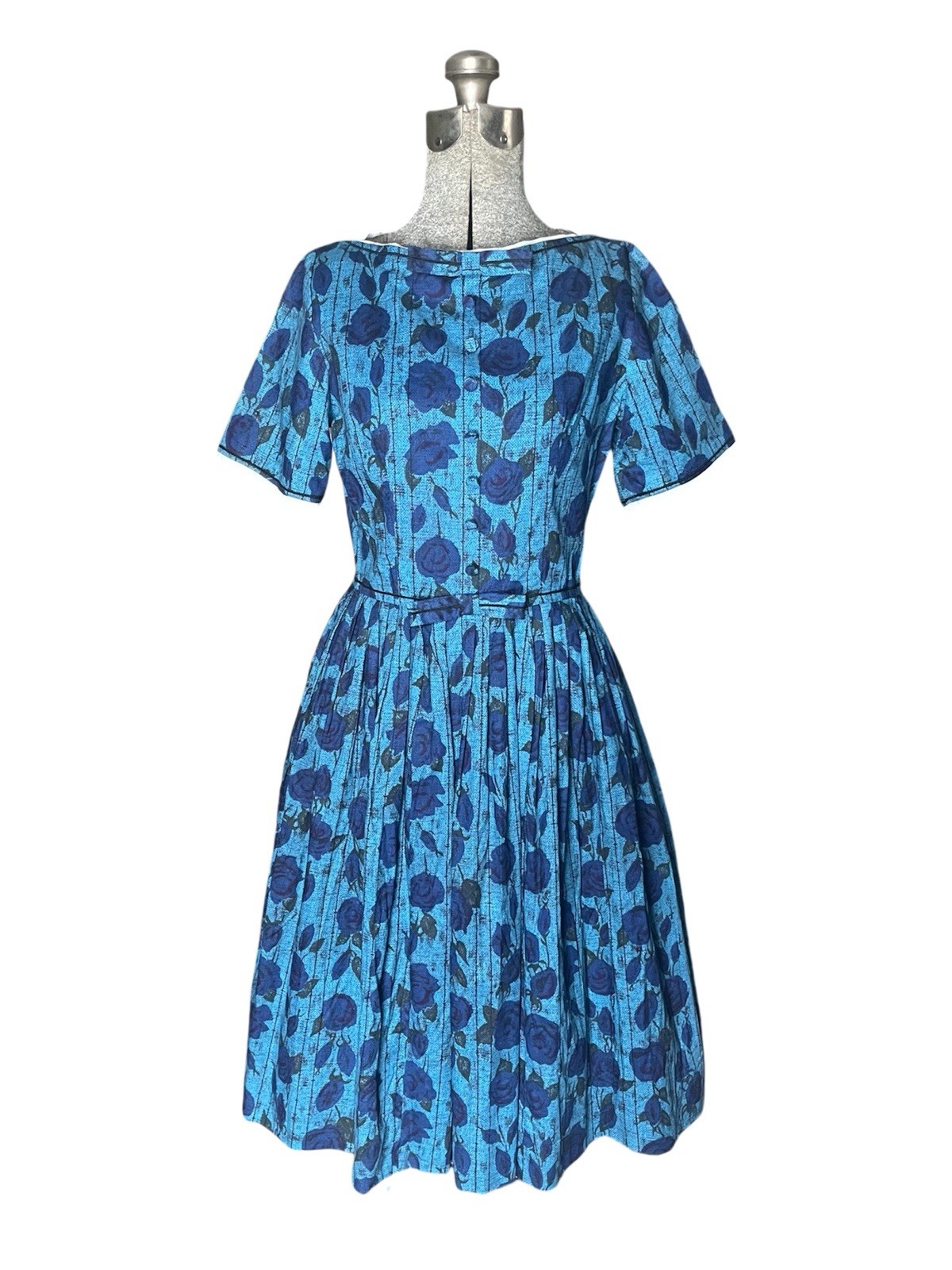 Vintage 1950’s Jewel Tone Blue Rose FULL SKIRT Party Rockabilly Easter Dress