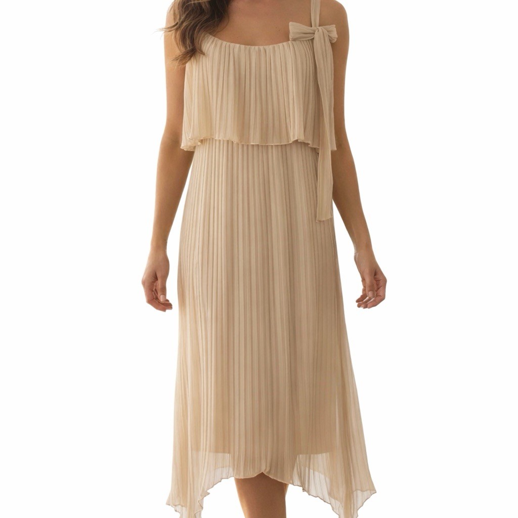 Vintage Nude Accordion-Pleated Chiffon Dress Sz 8 Wedding Guest Minimalist Chic
