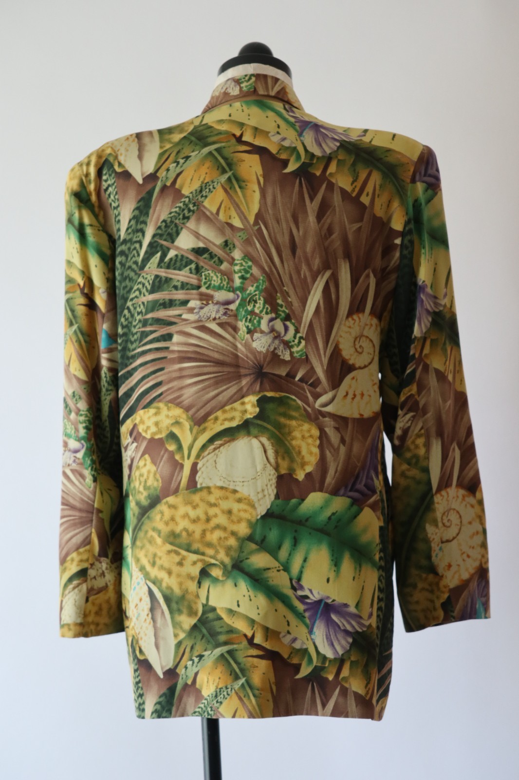 90s Linda Allard Green Brown Silk Tropical Seashells Oversized Blazer Women S M
