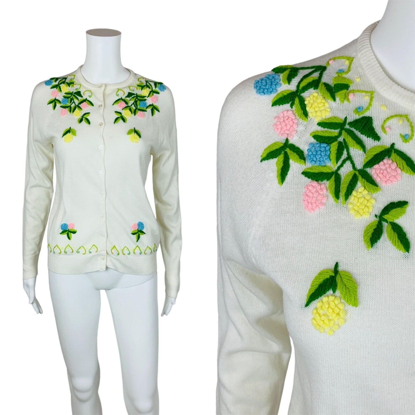 Vintage 60s Floral Embroidered Cardigan Multi Colored Acrylic Spring Sweater B 3