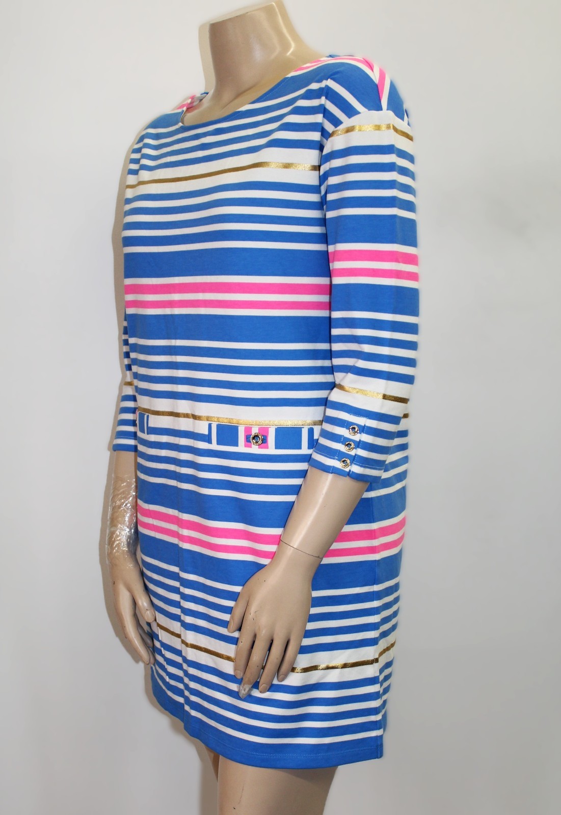 Lilly Pulitzer Lena Dess w a Lapis Blue Stripe Pattern & Gold Accents Size L.