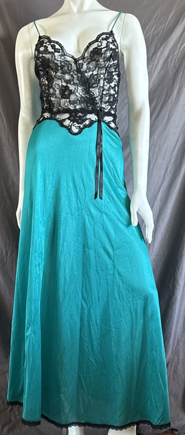 Vintage 1970s Soft Moments NY Lingerie Nightgown Sz S Hollywood Teal Blue Black