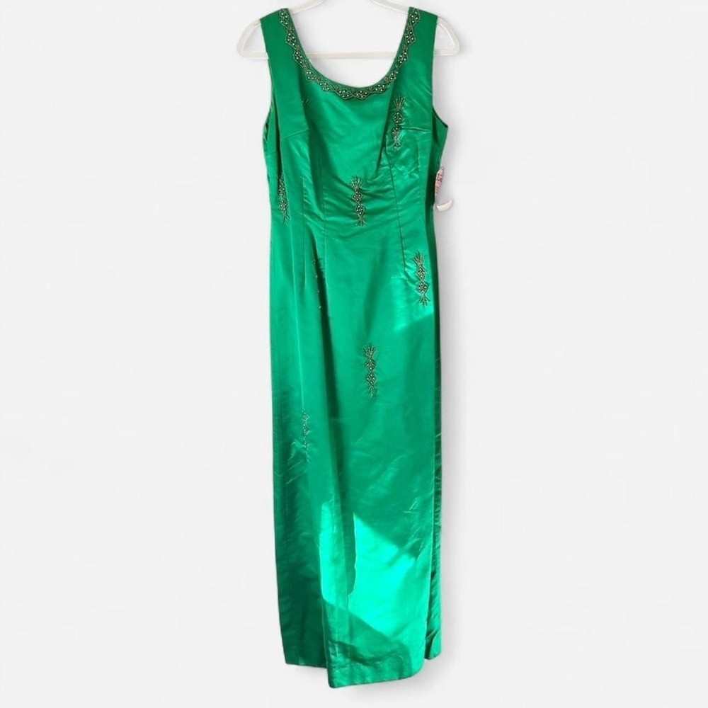 1960s Kelly Green Satin Column Dress Vintage cocktail low back maxi emerald