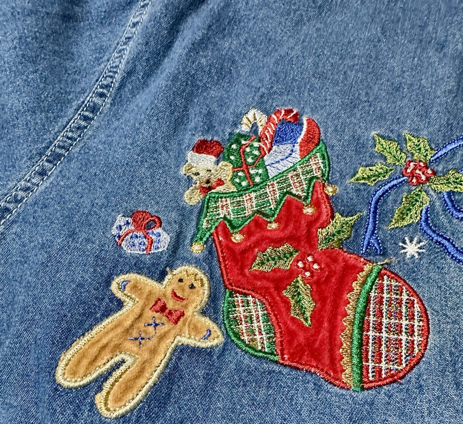 Bobbie Brooks Denim Shirt Christmas Appliqué Snowman Holly Vtg 16/18W Button Y2K