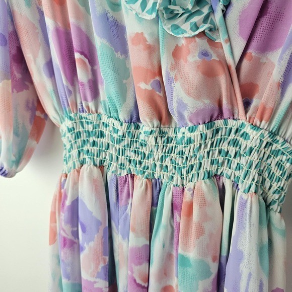 80s Vintage Assorti by Susan Freis Pastel Ruffle Bodice Dress Small Ruffle LS
