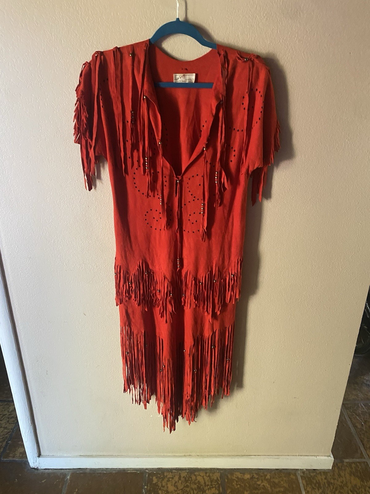 Vintage North Beach Leather Red Suede Fringed Dress Michel Jacques Size Medium