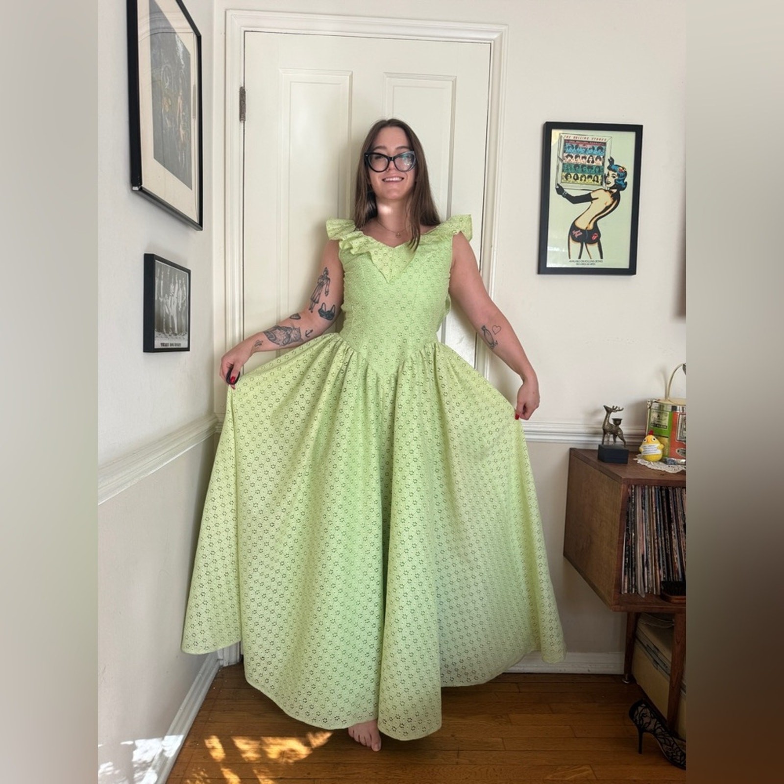 60s Vintage Basque Waist Green Eyelet Lace Princess Gown Sz Sm