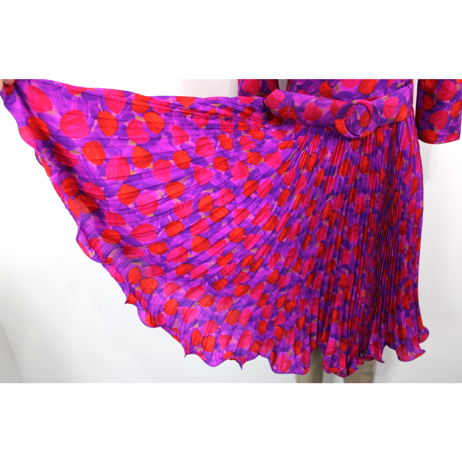 Vintage 80s Arnold Scaasi Floral Pleated Belted Silk Lined Dress Size 6
