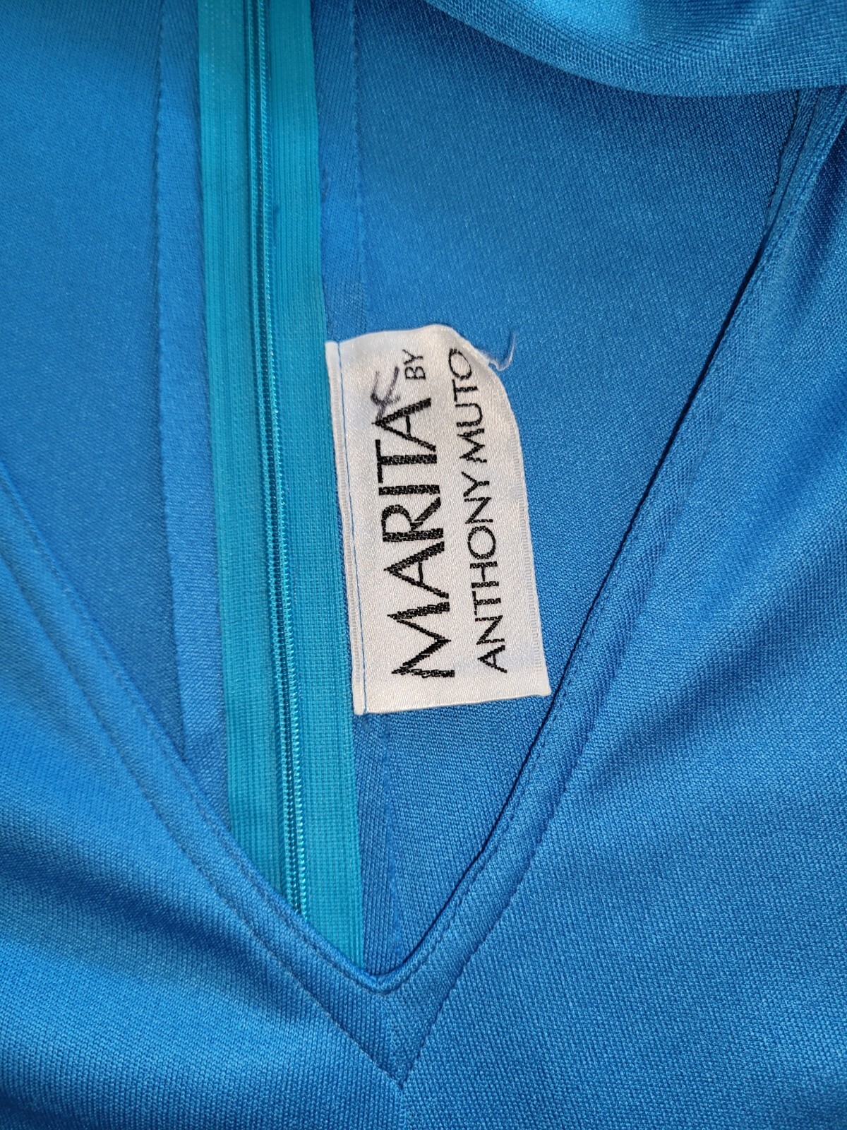 VTG MARITA by ANTHONY MUTO low cut blue day dress attached scarf 1970s European