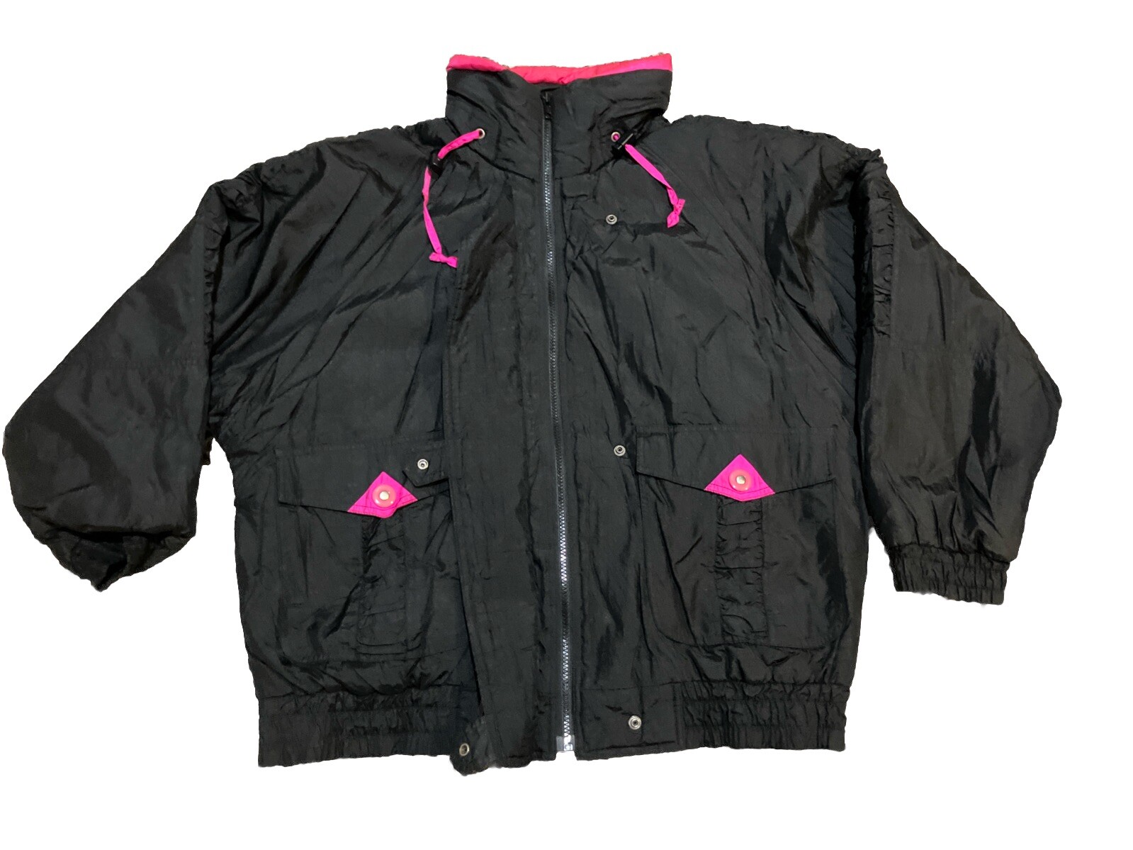 90s Vintage Nylon Jacket Womens Large Black Retro Neon Pink Skiwear Mixed Blues