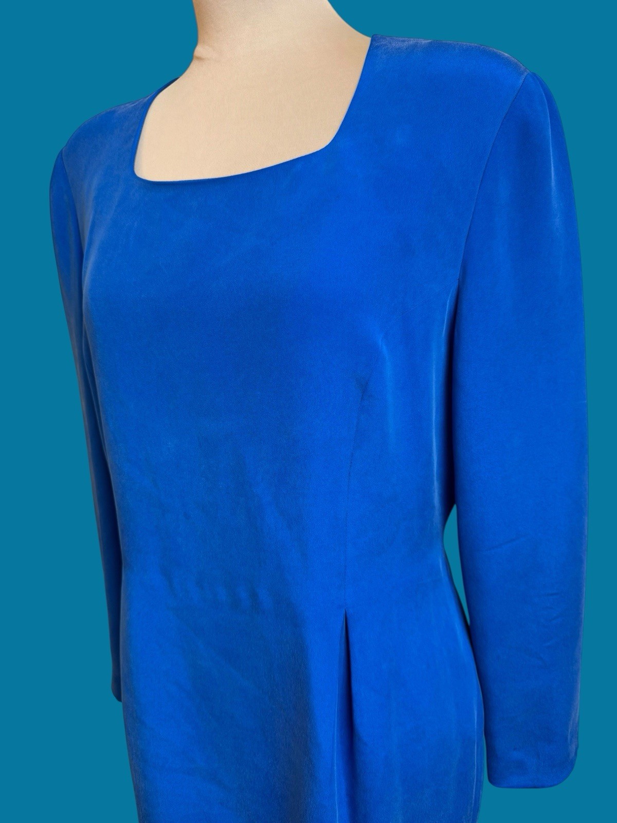 Vintage Patrick Petite Blue Silk Dress 12 80s 90s Power Shoulder Cocktail Mini