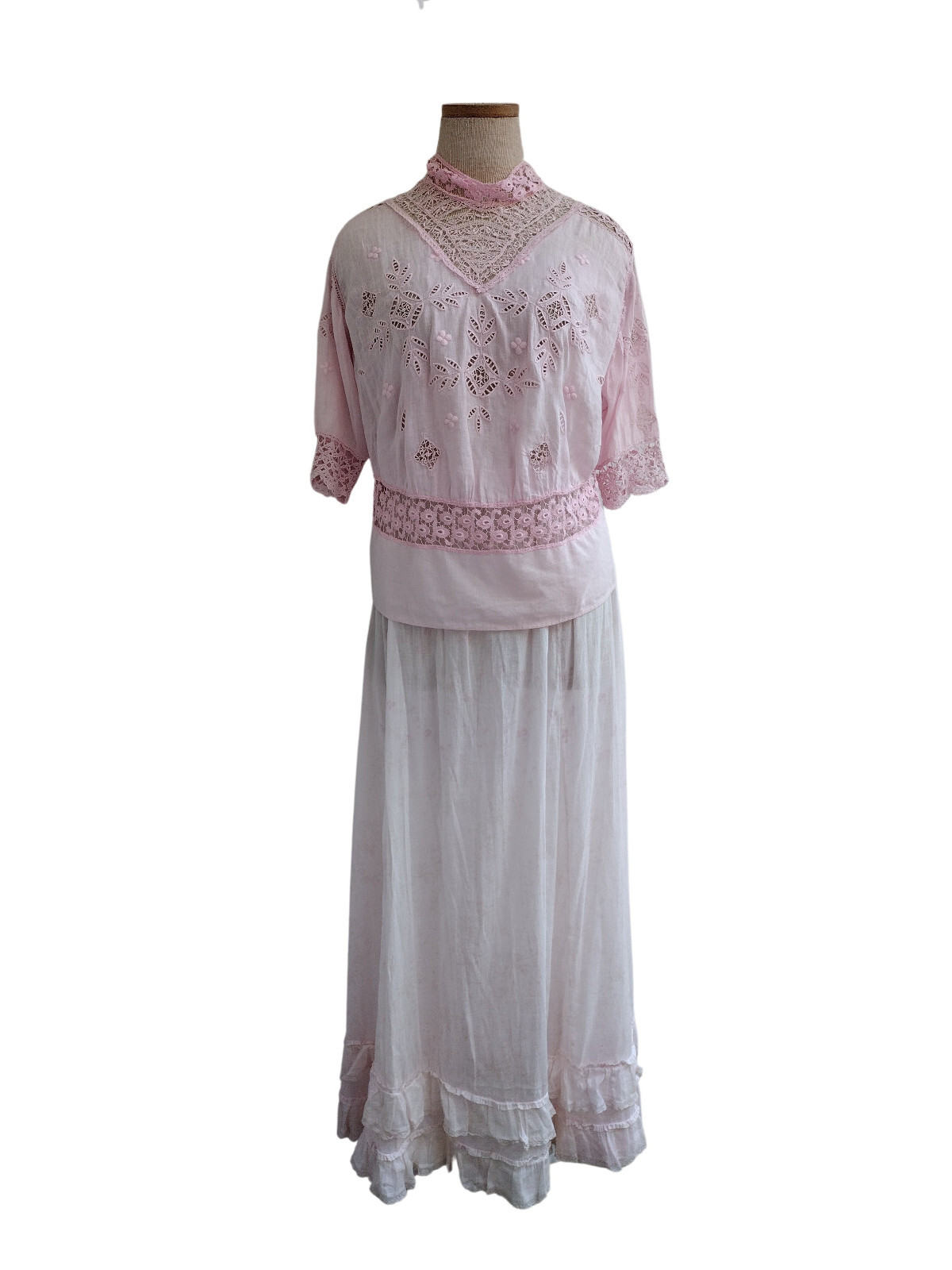 Antique Edwardian Victorian Pink Floral Bouquet Lace Prairie Maxi Dress Size S