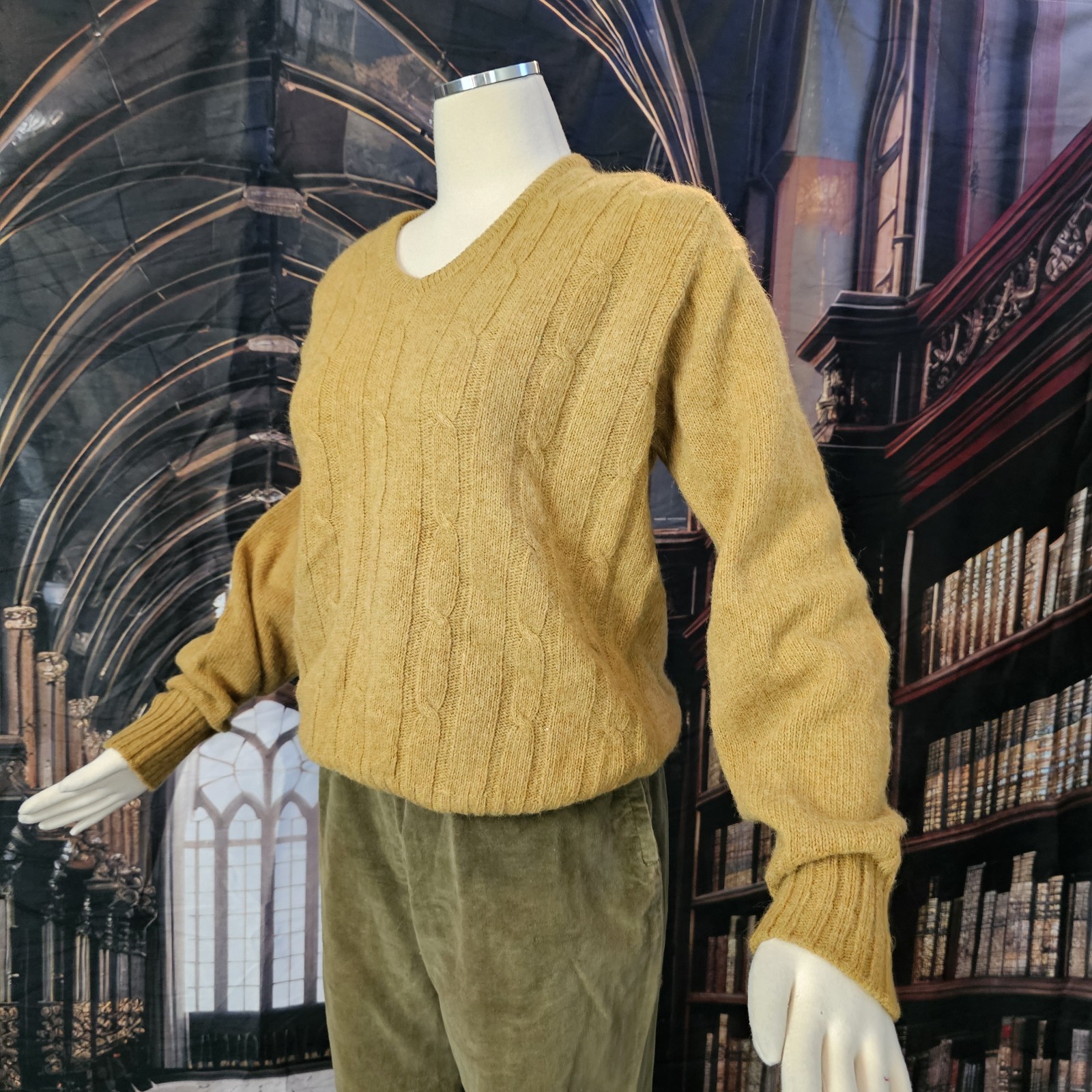 Vintage 1970’s Sweater Mustard Yellow V-Neck Pullover Cable Knit