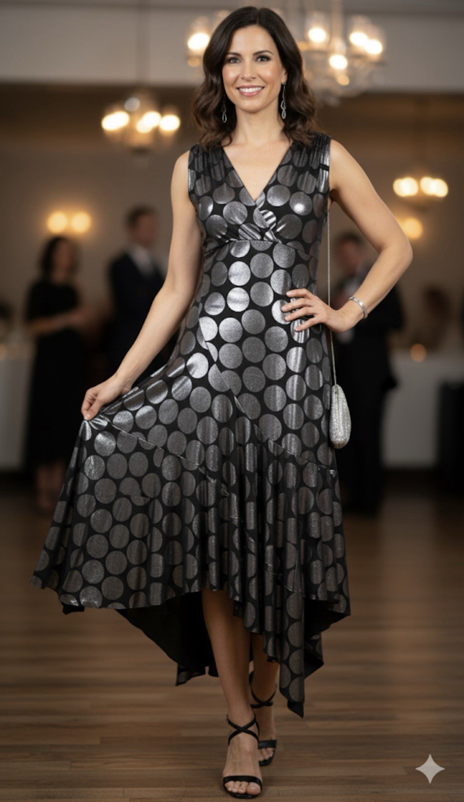 Vtg Joseph Ribkoff Tiered Black Metallic Polka Dot NYE Holiday Party Dress 8