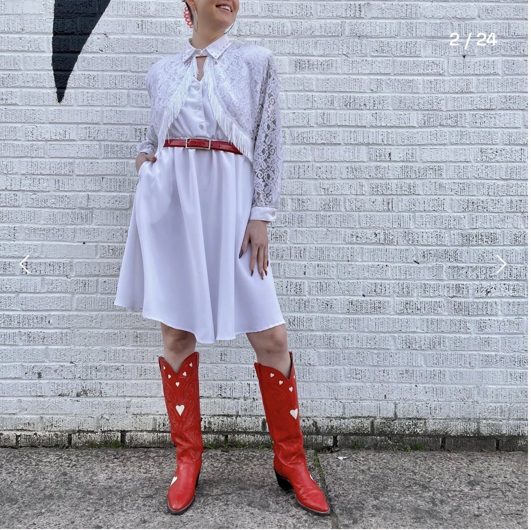 VTG 1980s White Lace & Fringe Western Dress, Authentic Ranchwear, Cowgirl, Rodeo