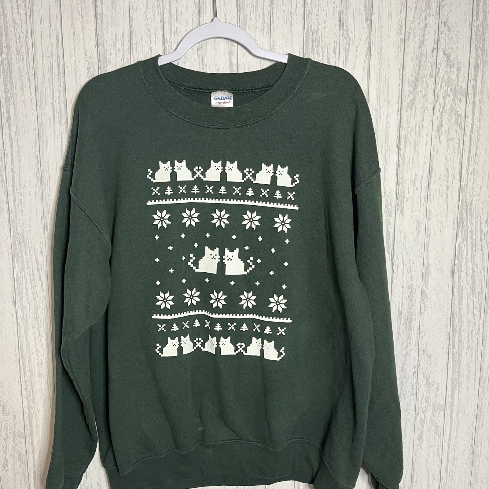 Pixel Digital Kitty Cat Holiday Christmas Green Sweatshirt Gamer Style Sz Large