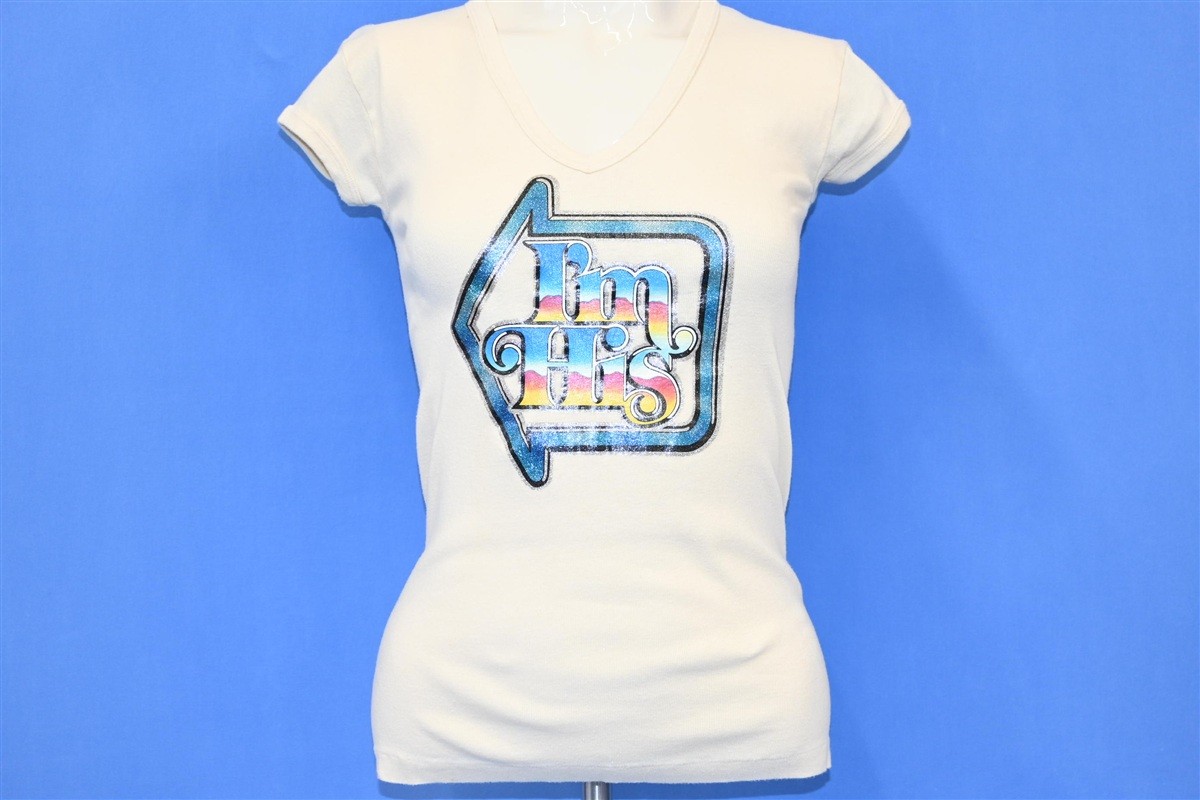 vintage 70s IM HIS GLITTER IRON ON V-NECK RIB KNIT BEIGE t-shirt WOMEN’S XS