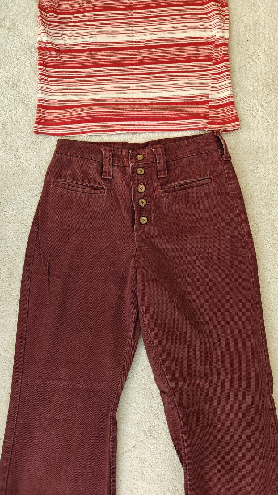VTG 1970s Original Burgundy Five Button Fly Juniors Girls Bell Bottoms 26 X 28.5