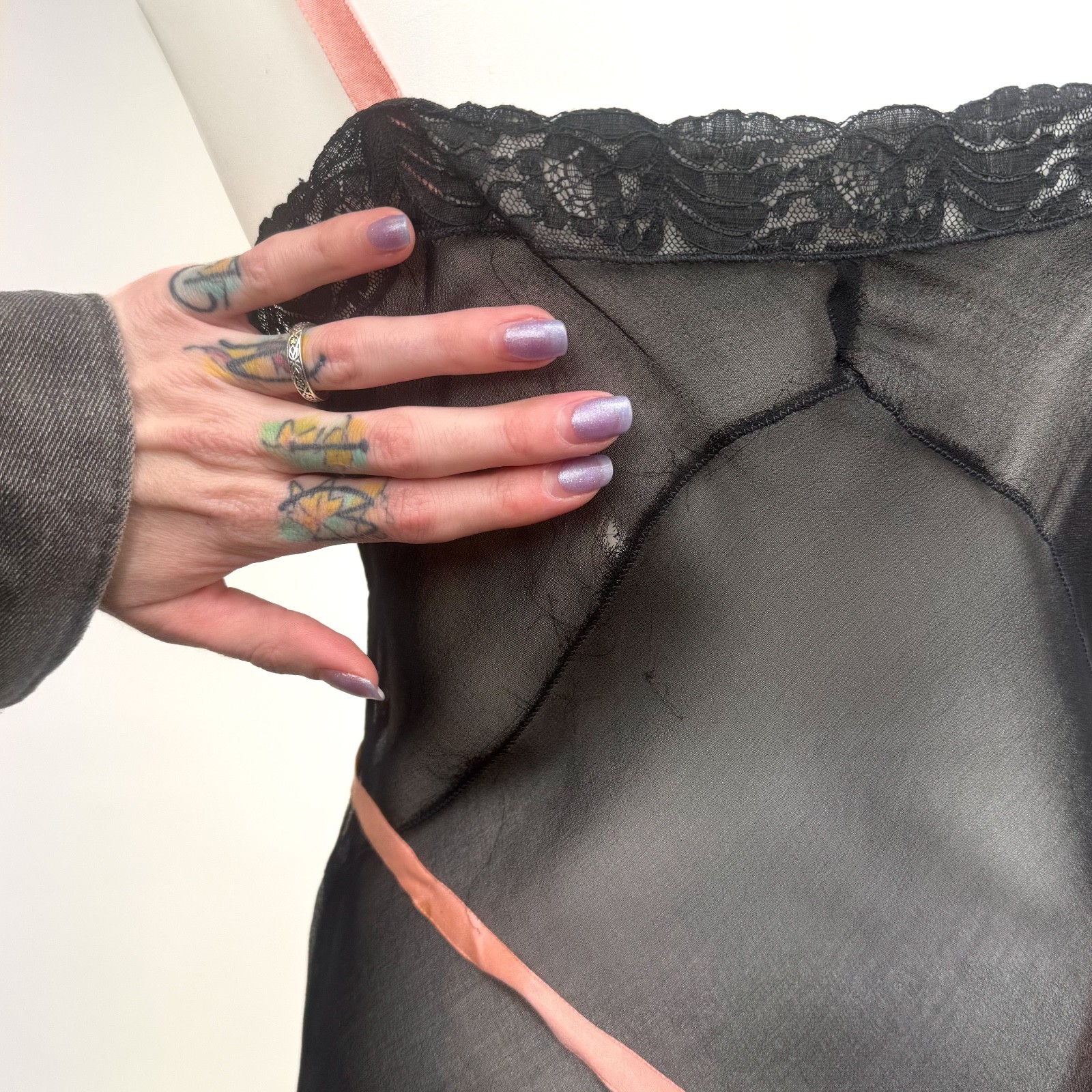 Vintage 1920s Black Silk Chiffon Bias lace Teddy Lingerie Art Deco Pink Ribbon