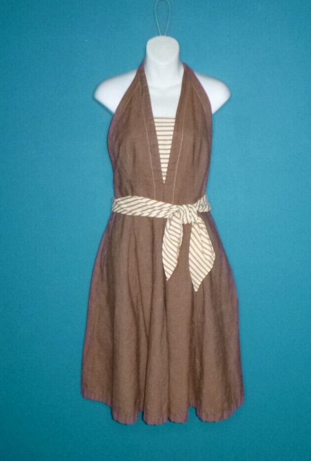 Vtg 60s junior House Brown Denim Halter Dress W/ Striped Top & Sash Sz S