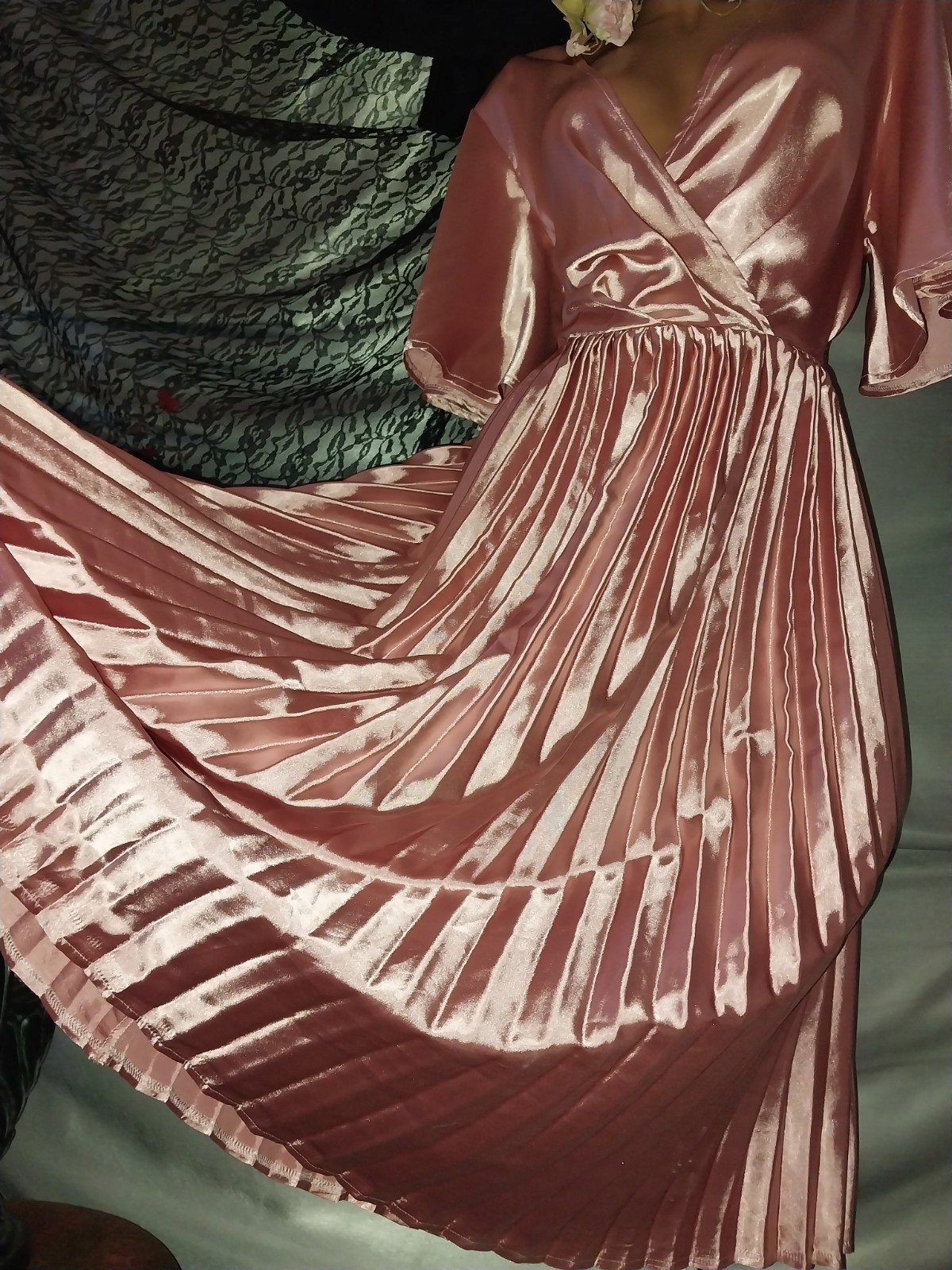 VTG SATIN LIQUID SHINY PINK CRYSTAL PLEAT MIDI GLAM DRESS L/XL PLUNGE HOLLYWOOD