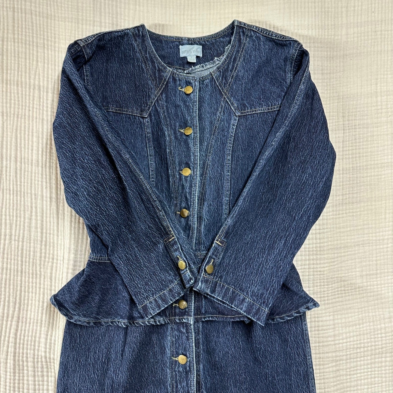 Betsy’s Things 90s VTG Denim Peplum Button Front Midi Dress Dark Wash Blue Sz 7