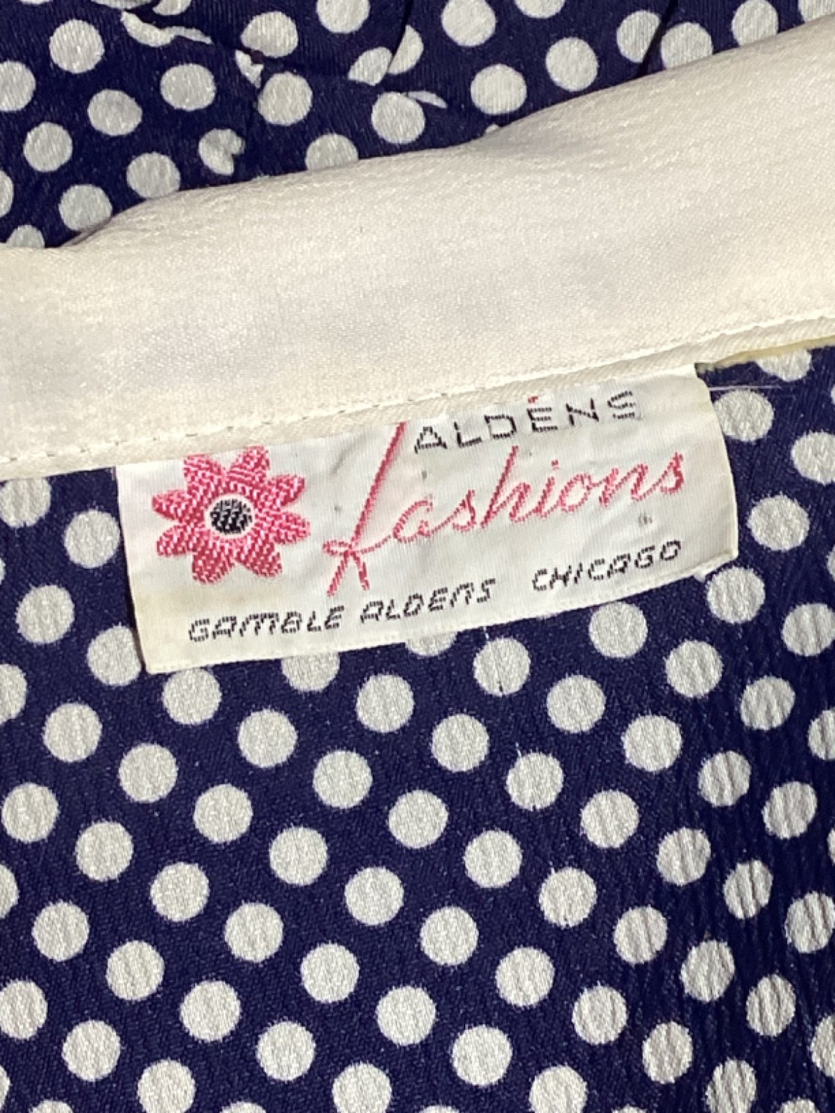 Vintage 70s Aldens Fashions Blue White Polka Dot Dagger Collar Fit & Flare Dress