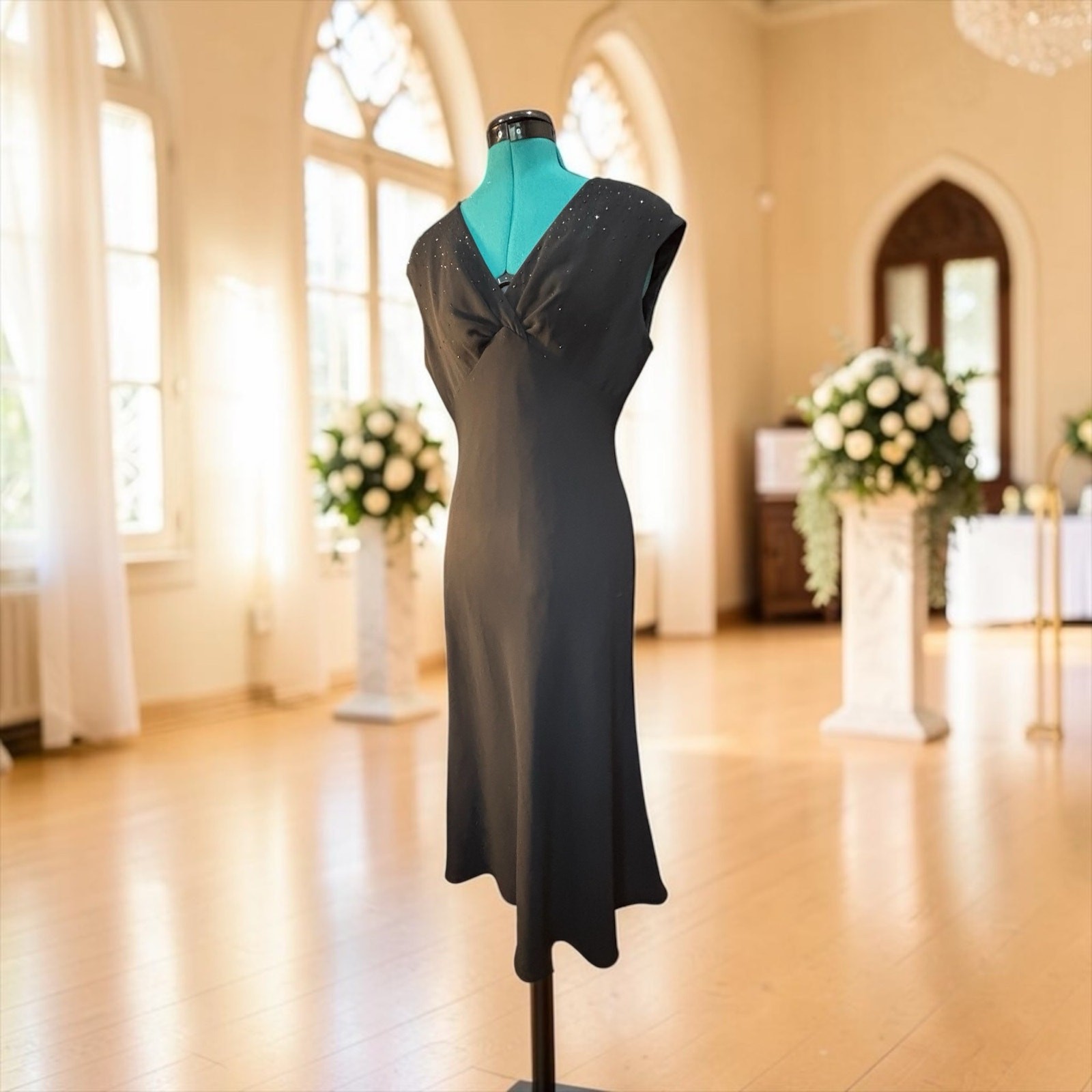 90s Black Rhinestone Column Maxi Dress Minimalist Glam Goth Size 6