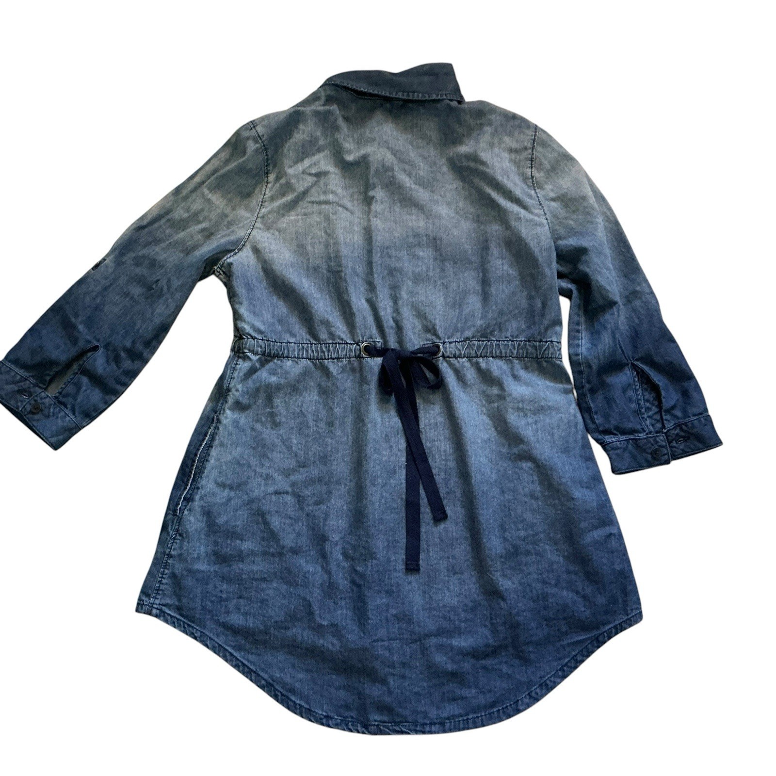 Hang Ten VTG 90s Indigo Chambray Denim Shirt Dress Roll Tab Sleeves M Drop Waist