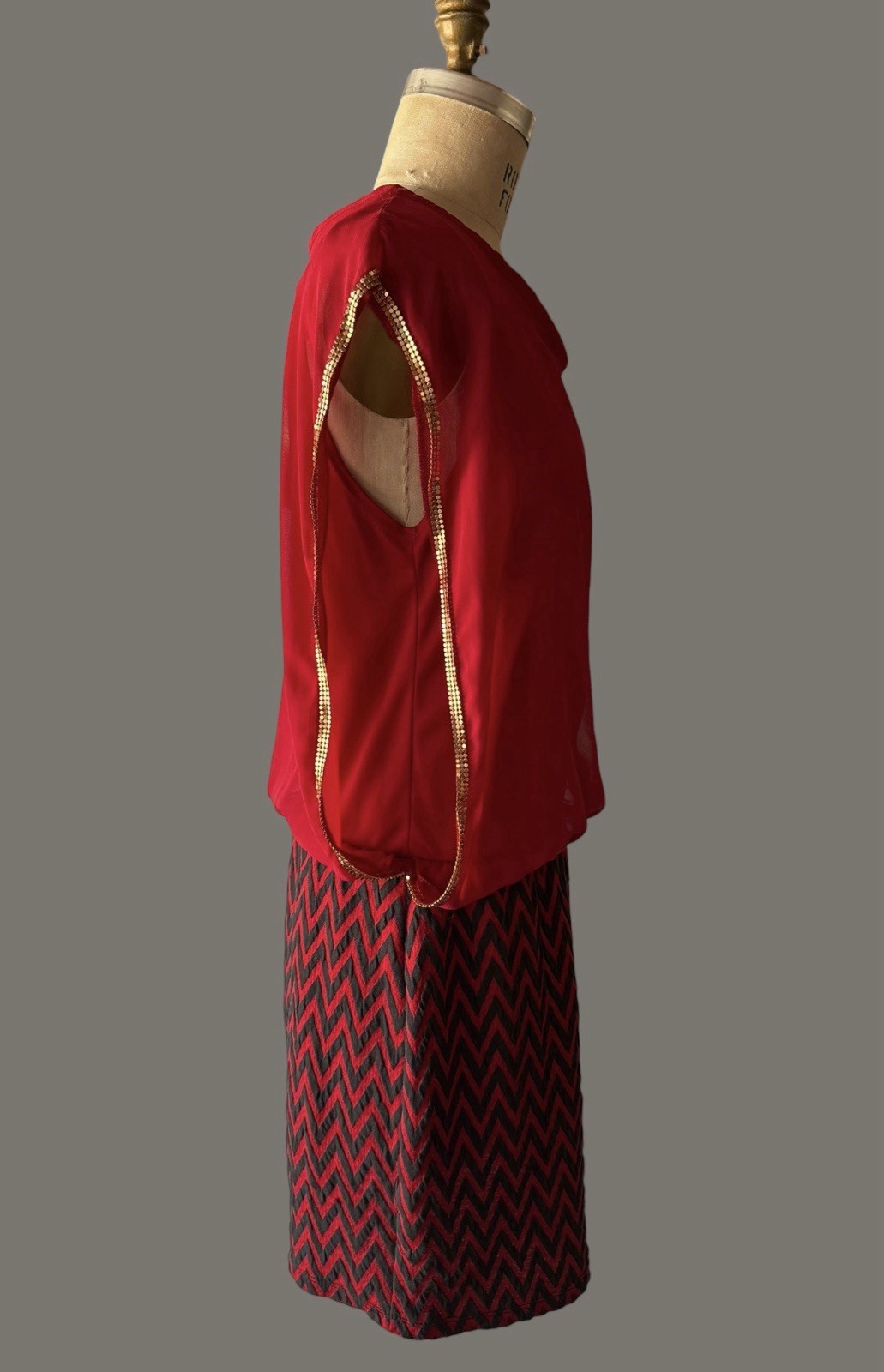 Vintage Celine by Champion Dress Red with Chevron Pattern Gold Trim