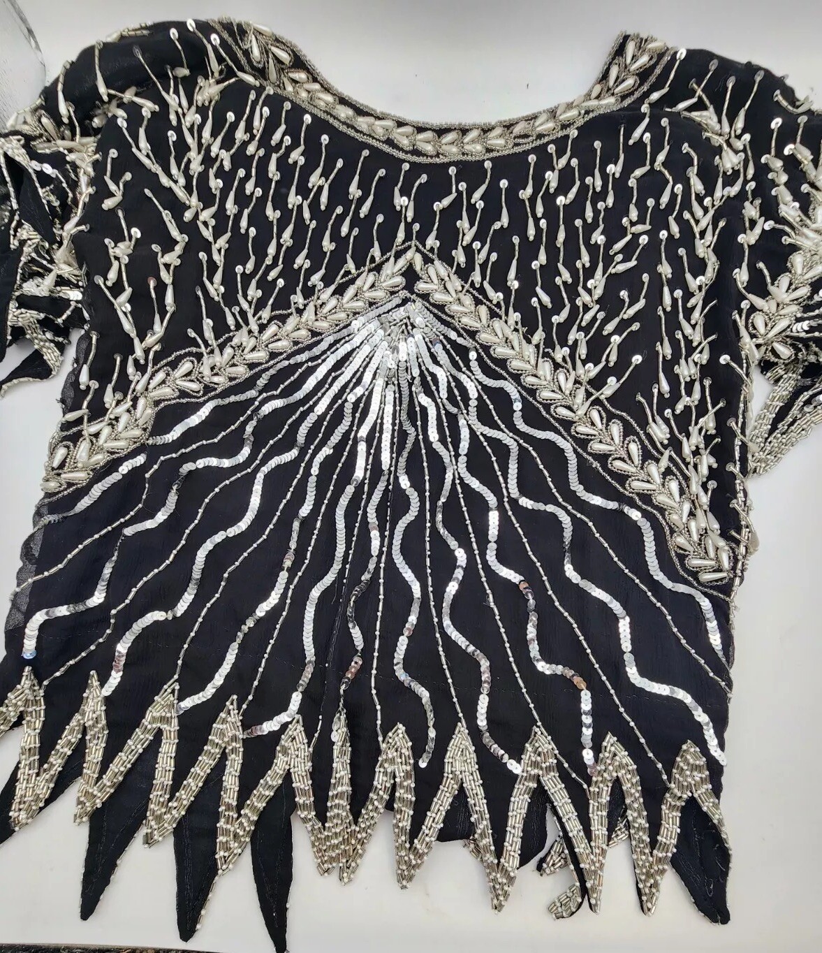 Black Silk Blouse Women’s Large Beaded Top Vtg Greg Adams Shirt 1980s Evening
